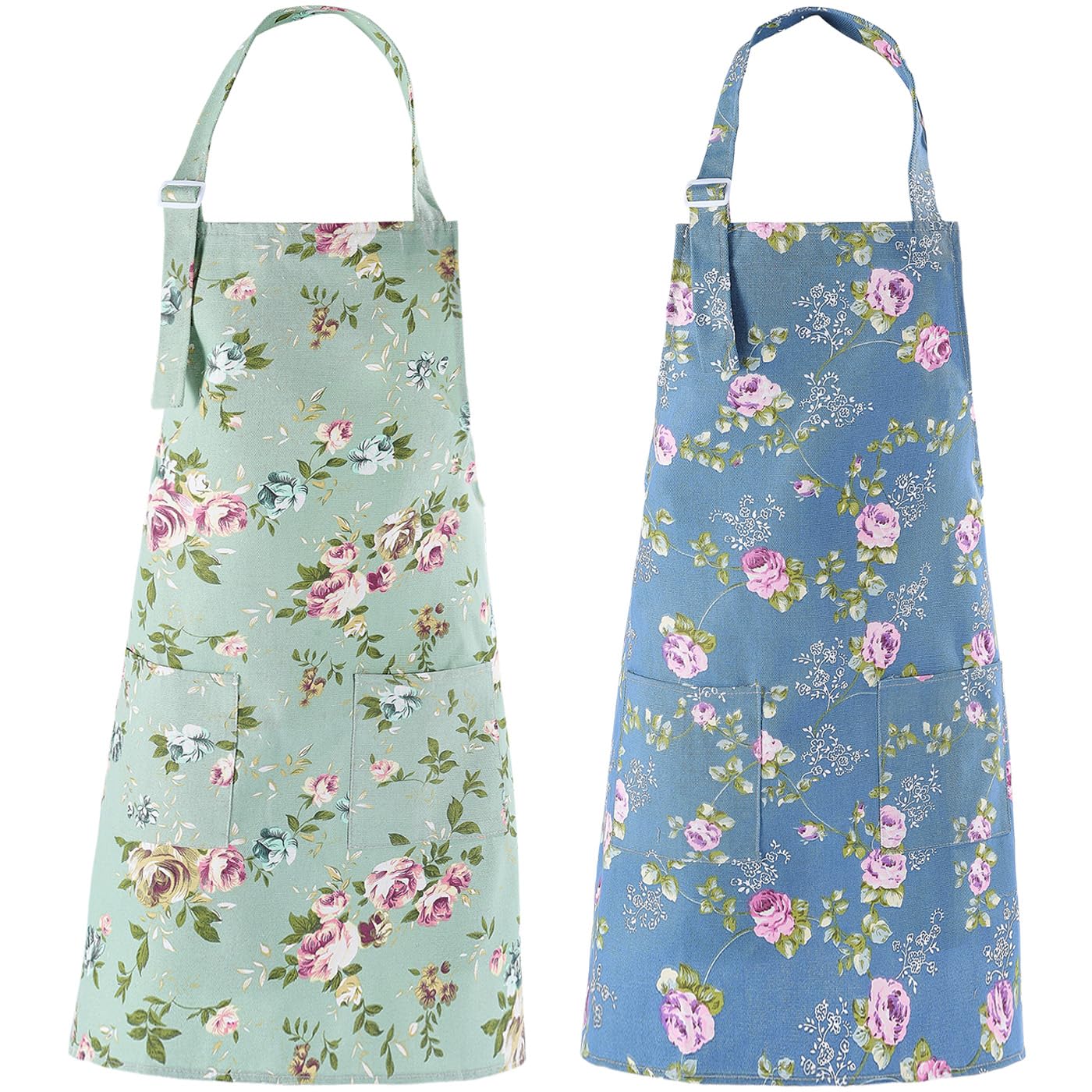Ddjyp Women Kitchen Apron-2 Pack, Cotton Canvas Flower Apron, Floral Pattern Apron With Pockets For Women Chef Apron(Green&Blue)