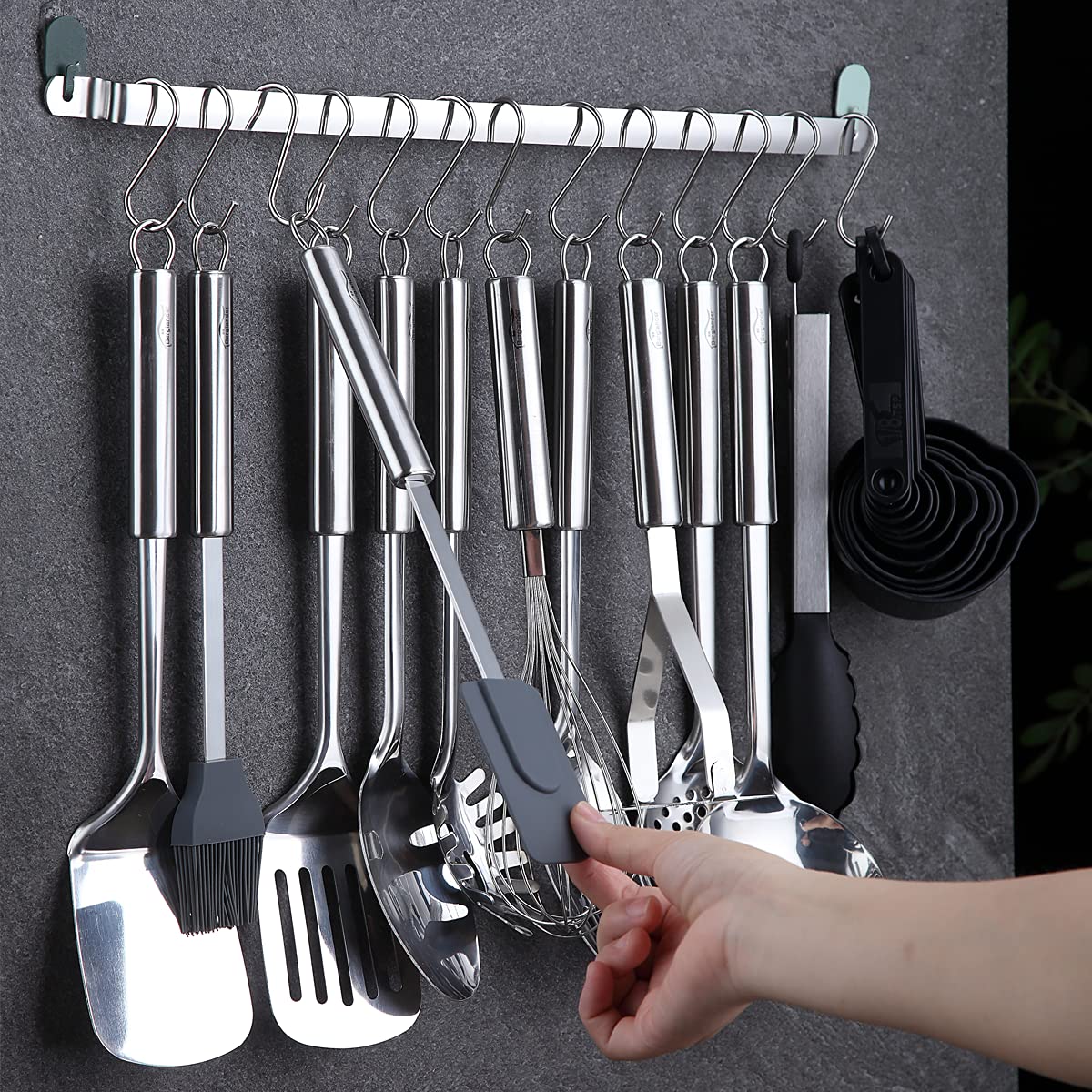 Berglander 38-Piece Stainless Steel Kitchen Utensils Set with Holder & Hooks - Silver, Dishwasher Safe Cooking Tools