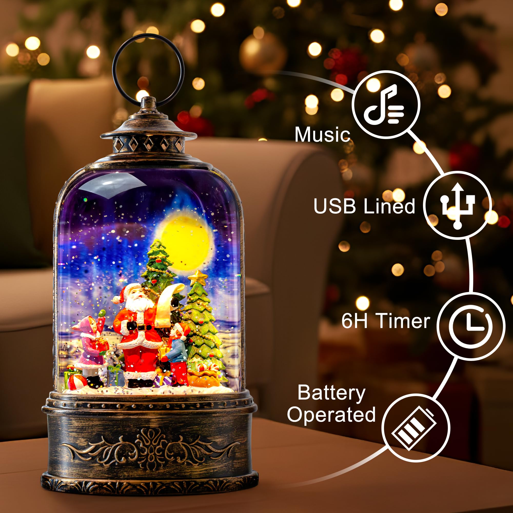 Christmas Snow Globe Water Lantern with Santa's List Scene Battery Operated or USB Powered Musical Lighted Holiday Decoration fo