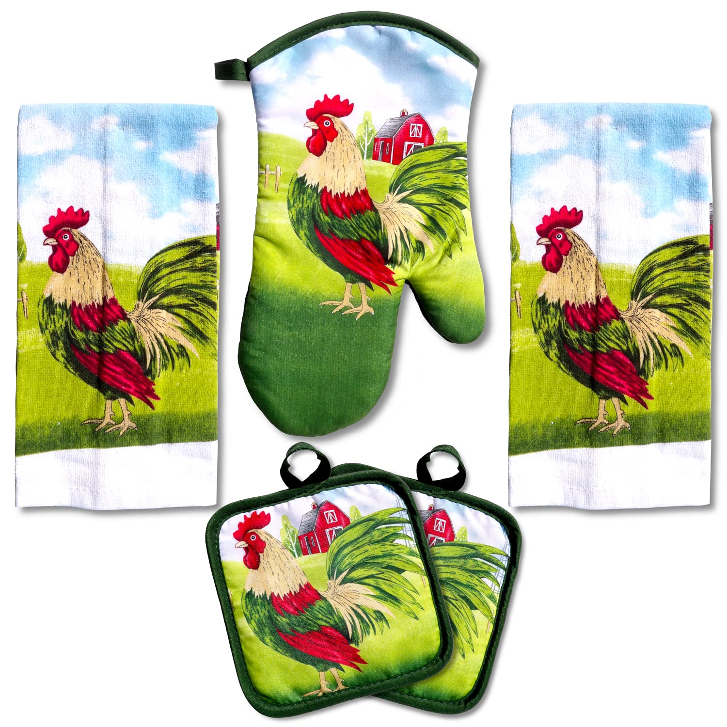 Lobyn Value Packs: 5-Piece Country Kitchen Towel Set - Proud Rooster & Red Barn Motif, 2 Lightweight Terry Cloth Dish Towels Qui