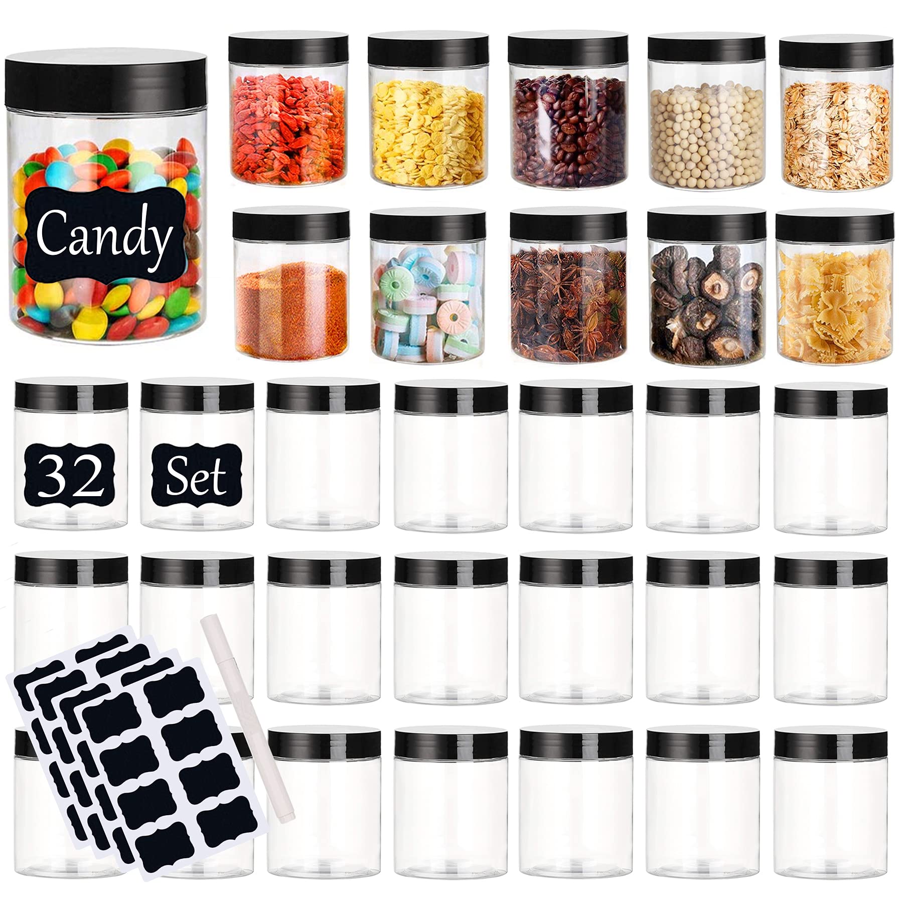 Hajoyful Plastic Jars With Lids Empty Slime Cosmetics Containers Clear Gift Food Jars Round Pet Cream Jars With Black Lids Pen L