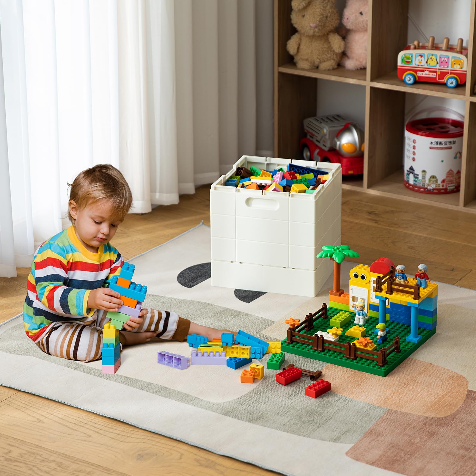 Shimoyama Collapsible Storage Box With Large Building Base For Duplo Blocks, 26 Qt. Foldable Storage Bin (Dark Green)