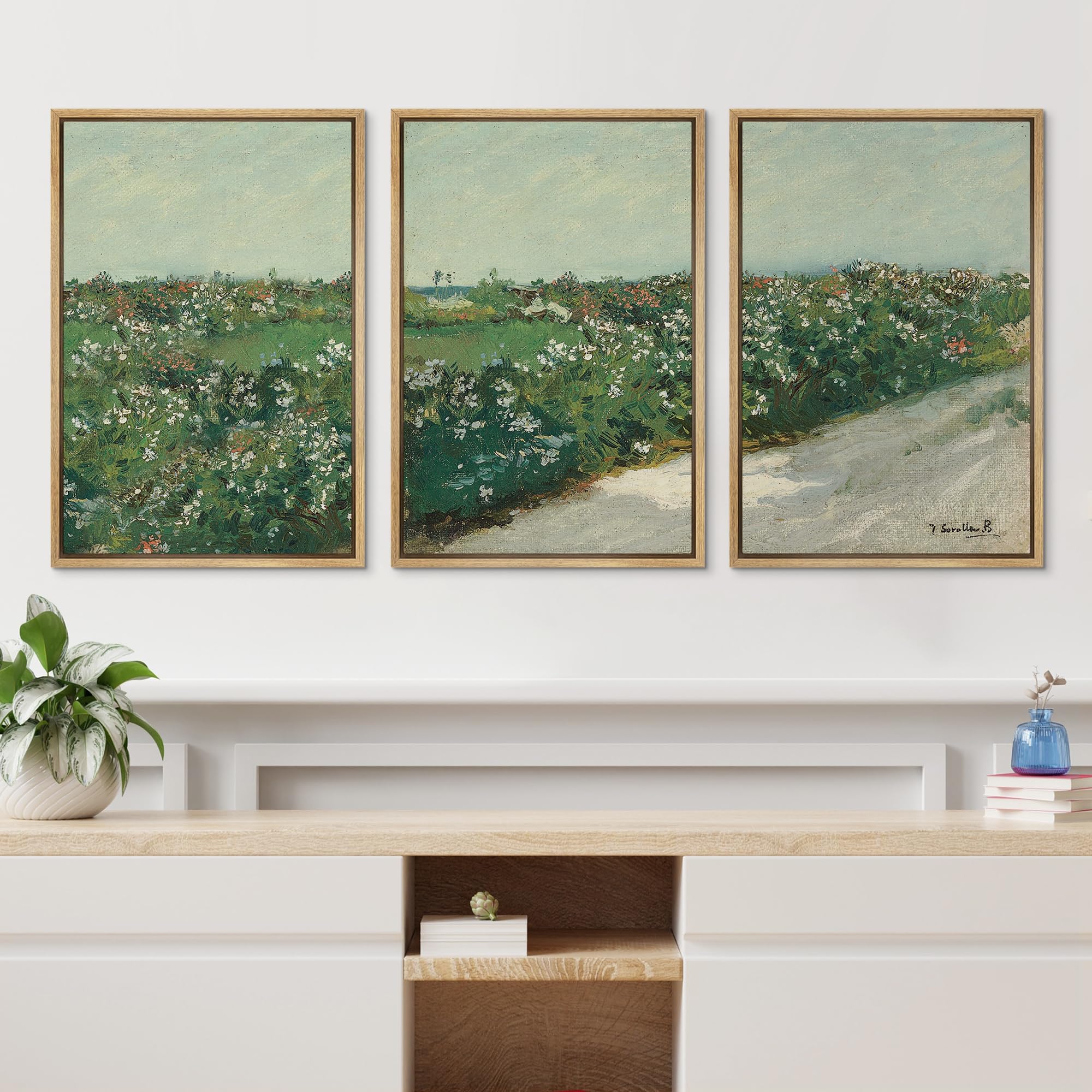 Wall26 Framed Canvas Print Wall Art Set Rustic Flower Field Country French Landscape Nature Wilderness Illustrations Modern Art