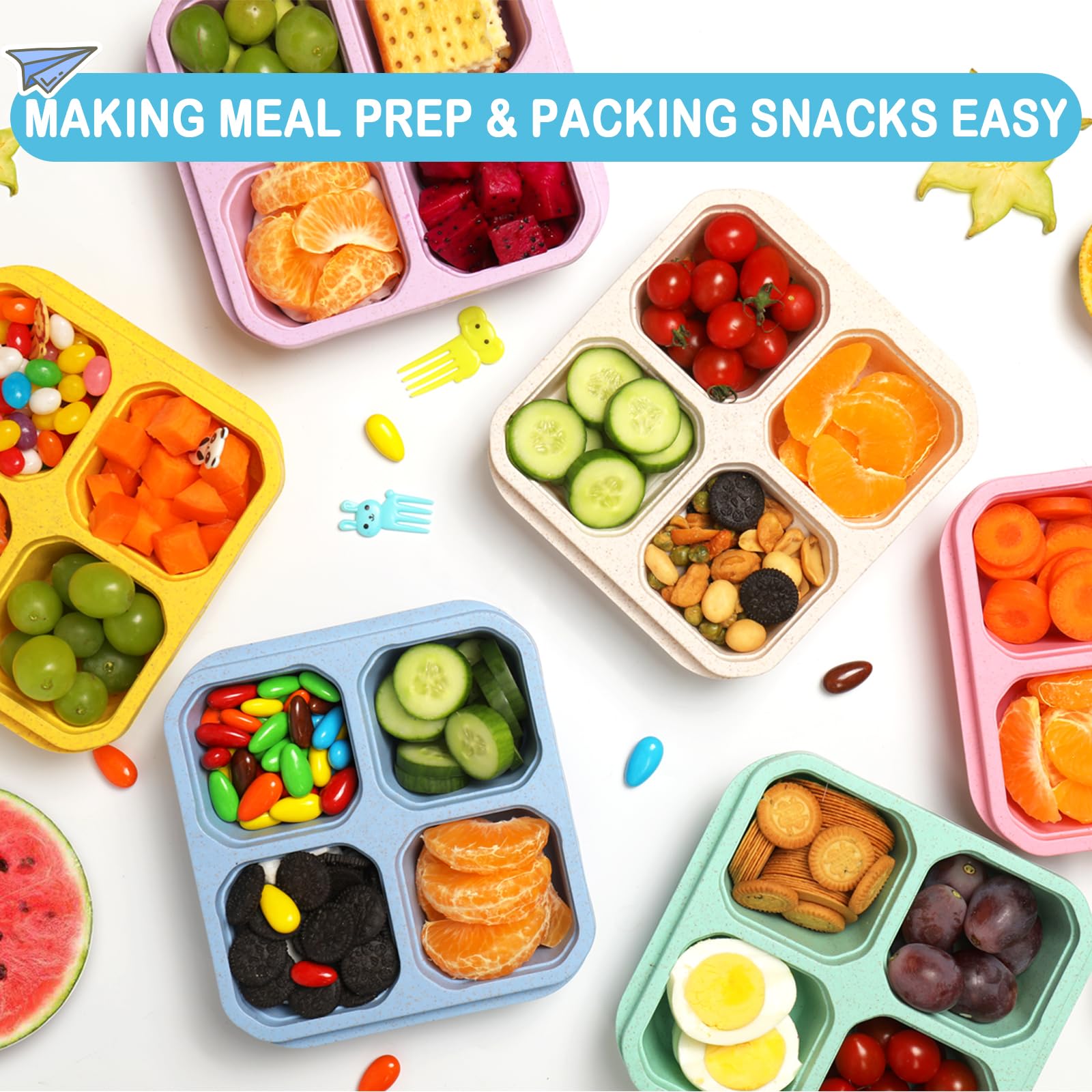 6 Pack Snack Containers, 4 Compartment Divided Snack Container For Kids, Bento Snack Box For Adults, Reusable Meal Prep Lunch Co