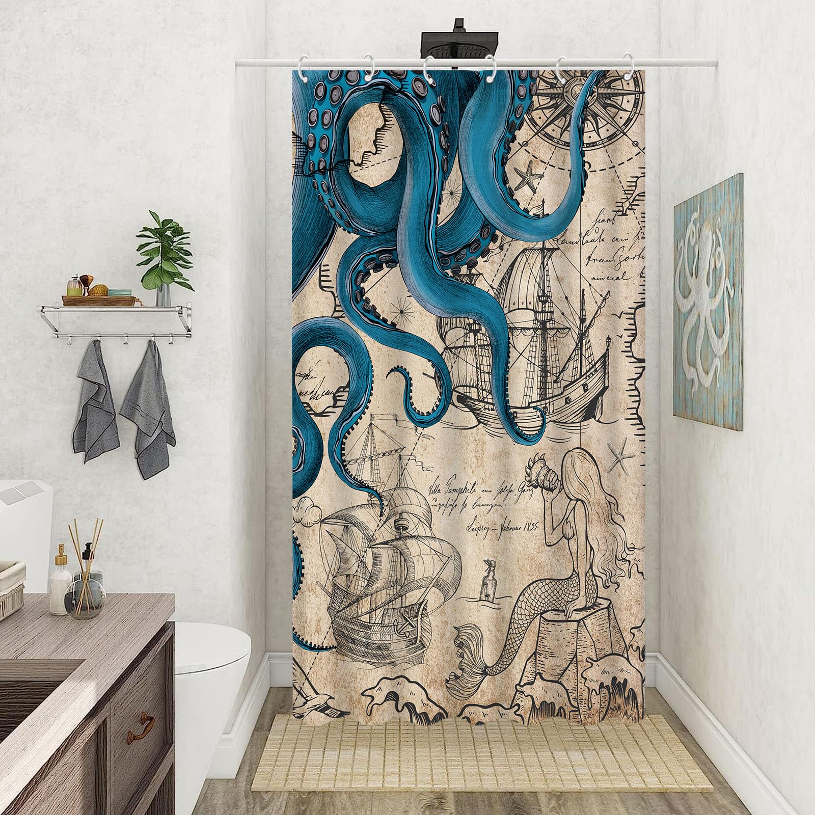Fungarth Stall Vintage Nautical Octopus Shower Curtain Navy Blue Mermaid Funny Ocean Kraken Shower Curtains For Bathroom Cool An