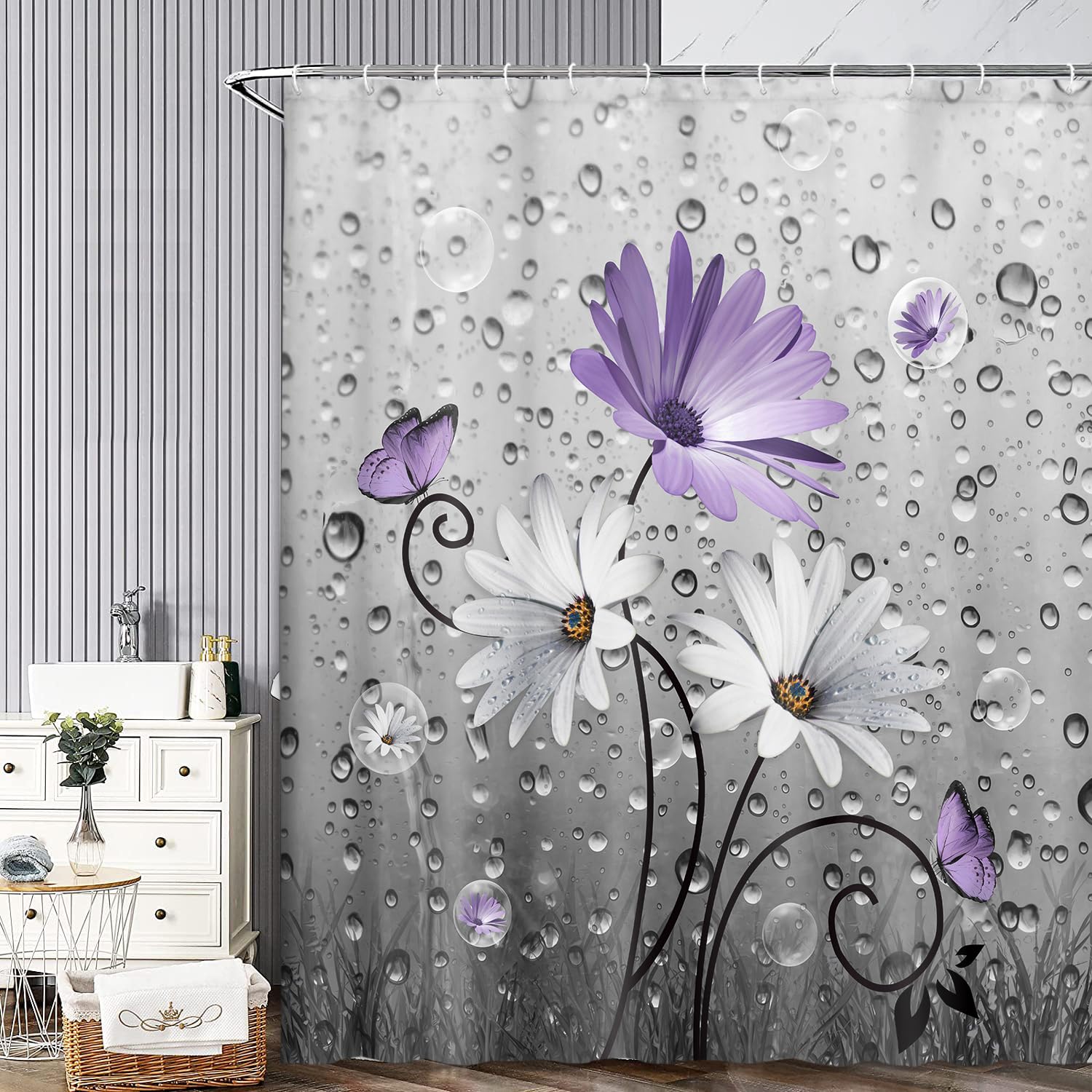 Xguatan Rustic Farmhouse Purple Floral Shower Curtain, Farm Daisy Flowers And Butterfly Shower Curtain For Bathroom, Country Vio