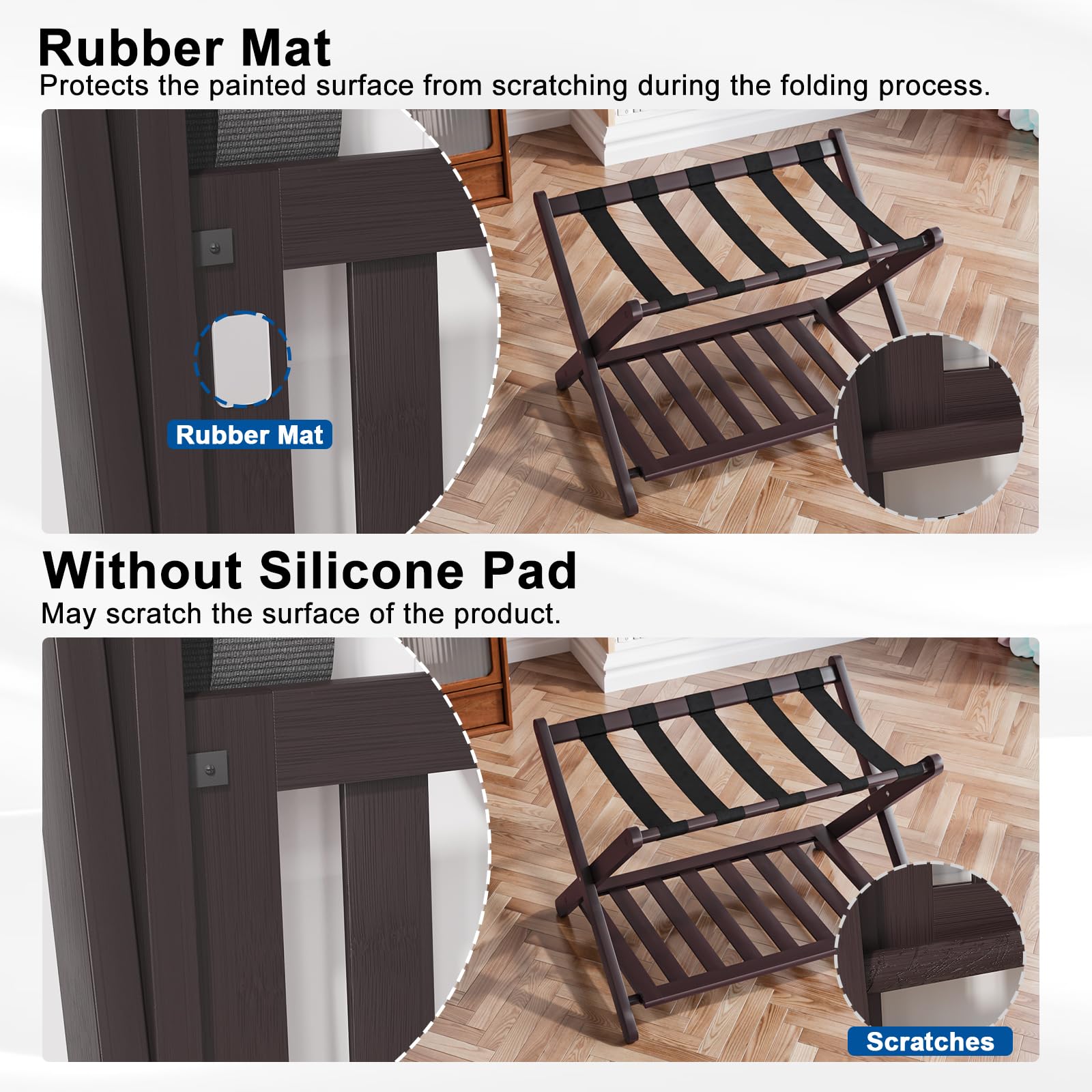 Smuxee Fully Assembled Brown Luggage Rack, Upgraded Bamboo Foldable Suitcase Stand With 5 Nylon Straps, Luggage Holder With Shel