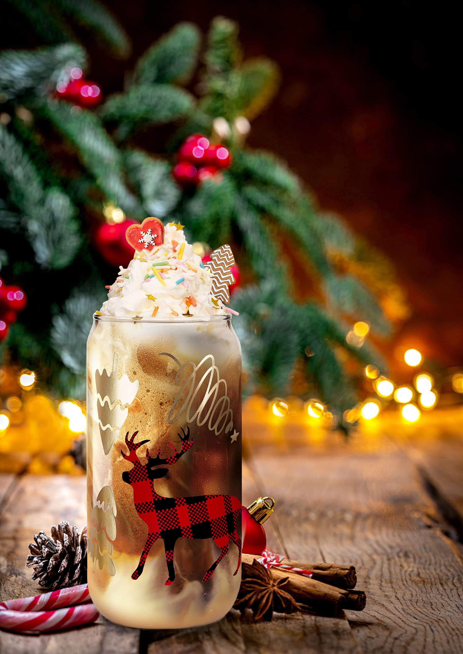 ANOTION Christmas Cups, 18oz Christmas Coffee Mugs Glass Cups with Lid and Straw Colorful Xmas Tree Tumbler Drinking Glasses Gla