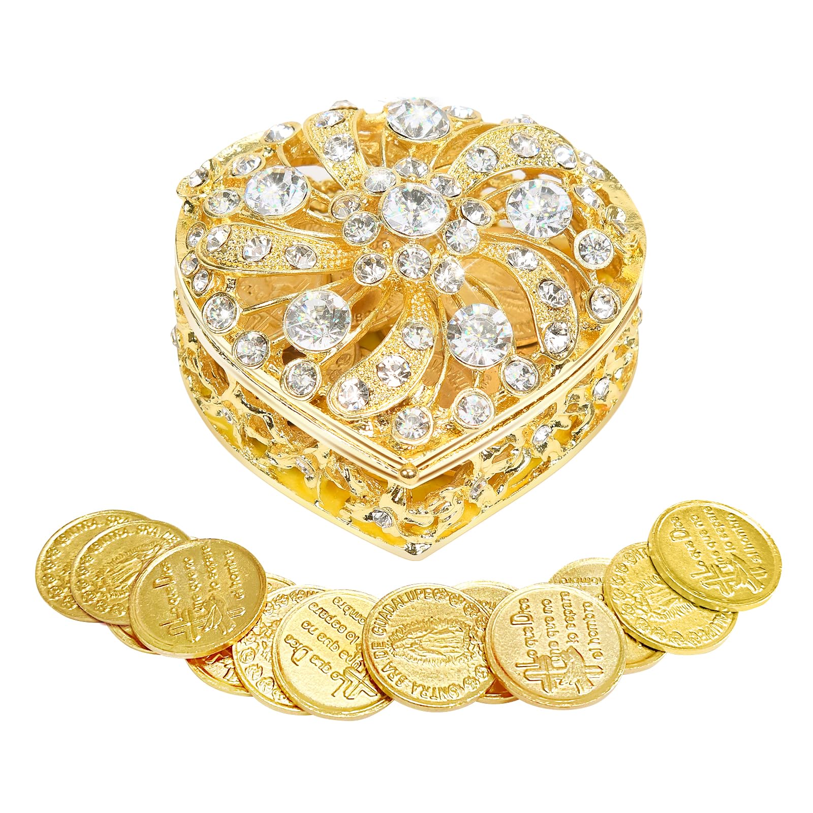 Wedding Arras Coins Set - Gold Heart Shaped Box with 13 Virgen of Guadalupe Coins, Arras De Boda Cristiana, Wedding Accessories 
