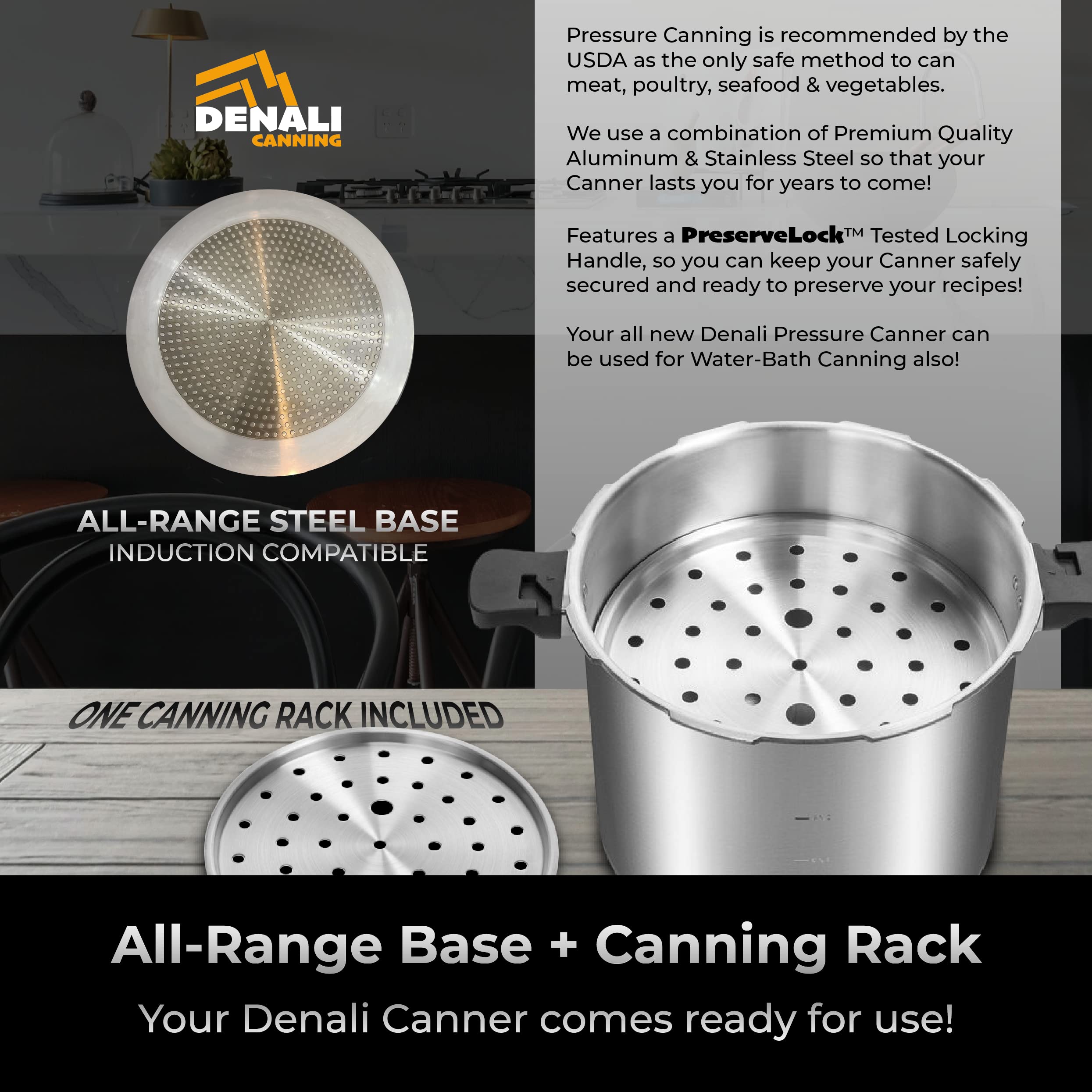 Denali Canning 23 Quart Pressure Canner & Cooker - Induction Compatible, Reflective Silver, Model 850025675536