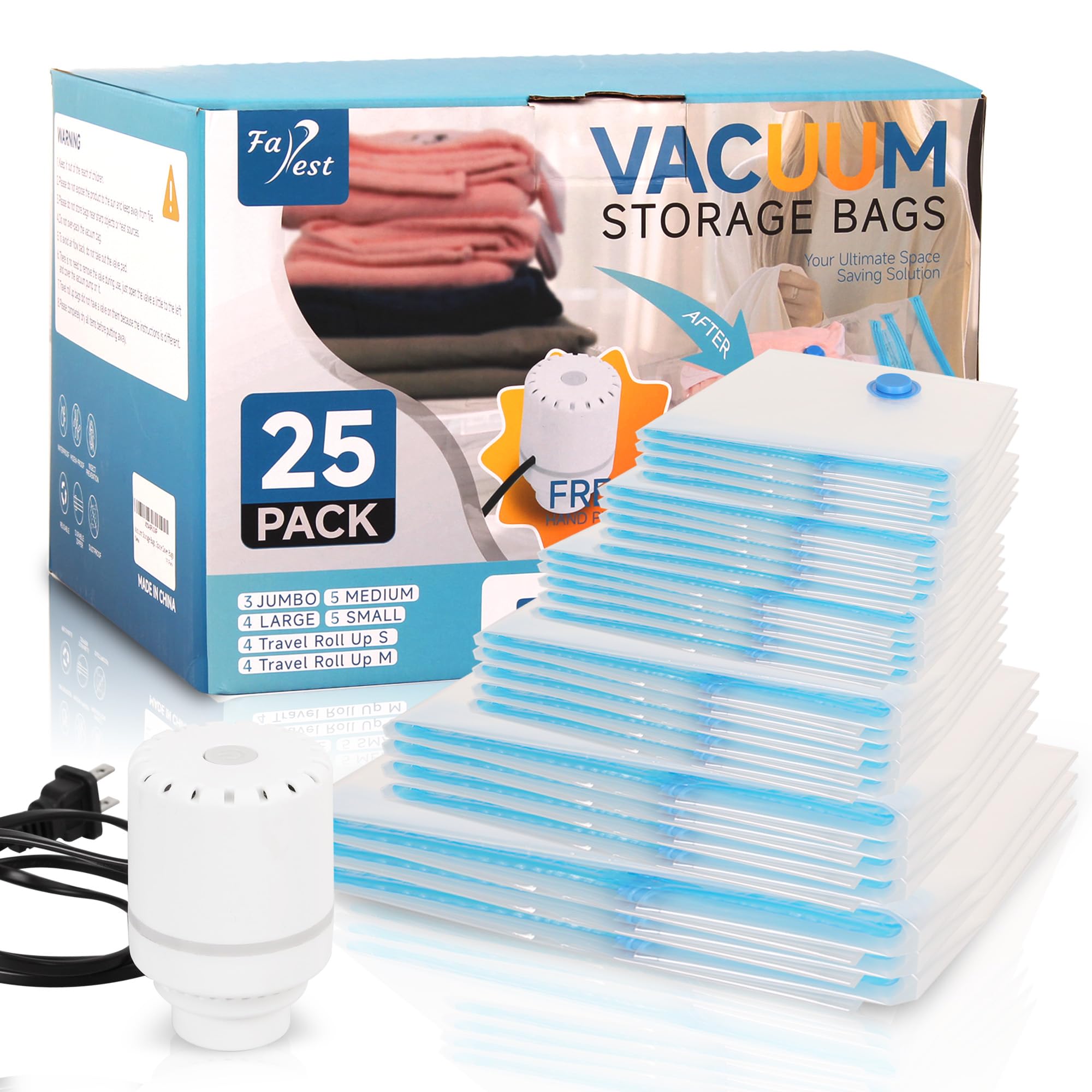 25 Pack Vacuum Storage Bags With Electric Air Pump, Space Saver Bags (3 Jumbo/4 Large/5 Medium/5 Small/4 Roll M/4 Roll S) Vacuum