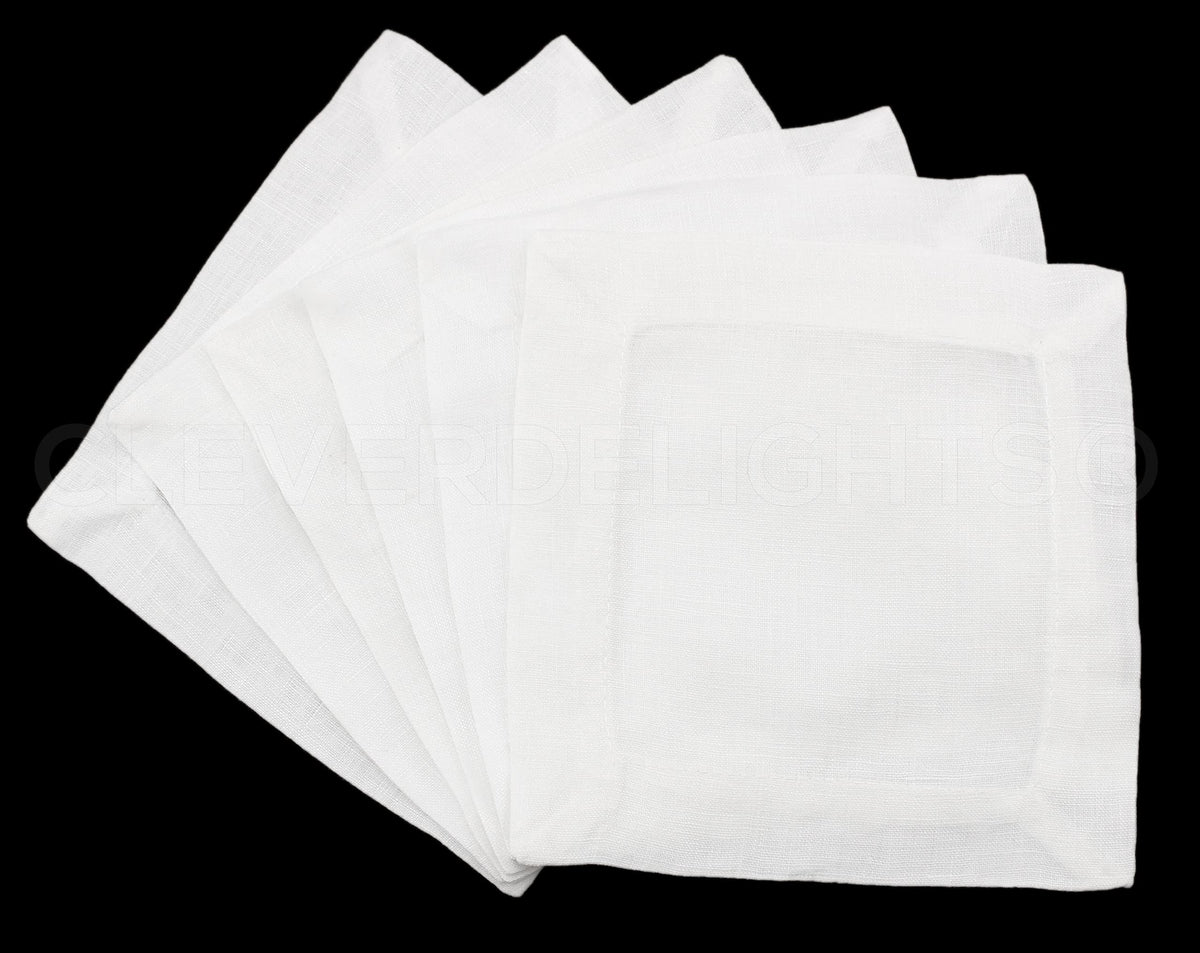 Cleverdelights 6'' White Linen Cocktail Napkins - 12 Pack - 100% Linen