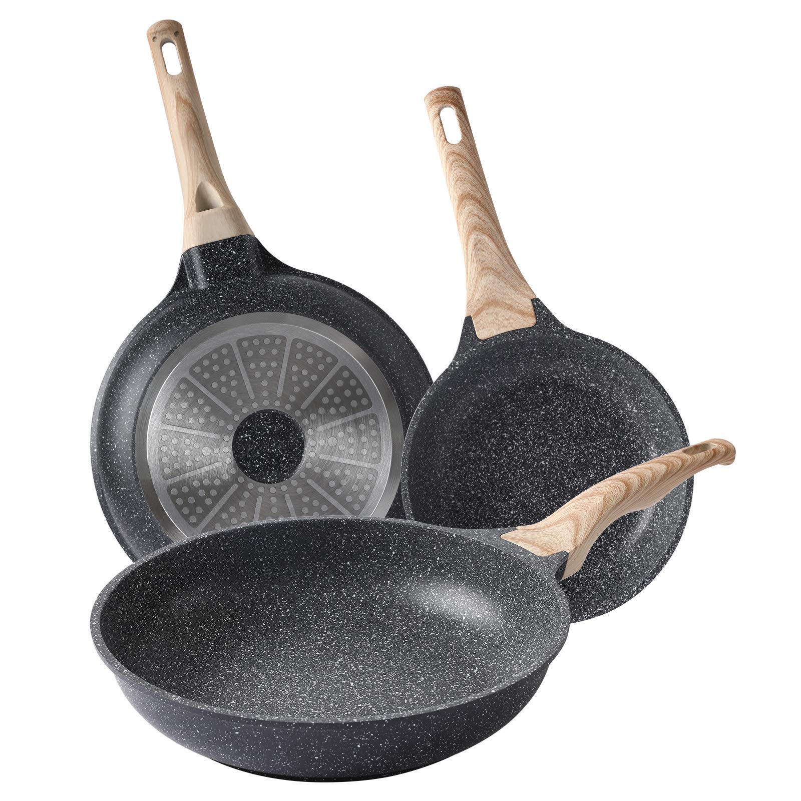 Motase Nonstick Frying Pan Skillets 3-Piece Set 8/9.5/11 Inch, Granite Coating Omelette Pan, 100% Pfoa Free Cookware Pan, Non St
