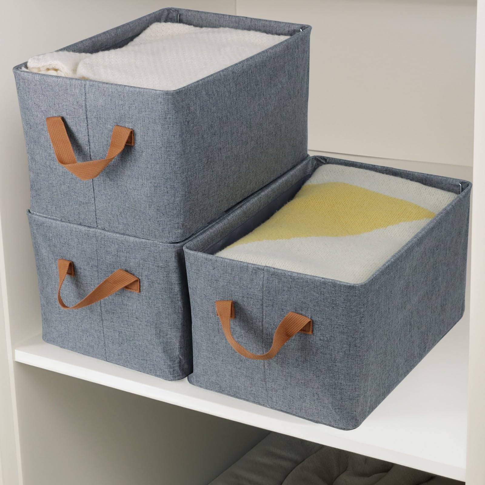 4 Pcs Linen Storage Baskets With Metal Frame, Shelf Organizer Bins, Fabric Baskets Foldable Storage Bin, Closet Organizers And S