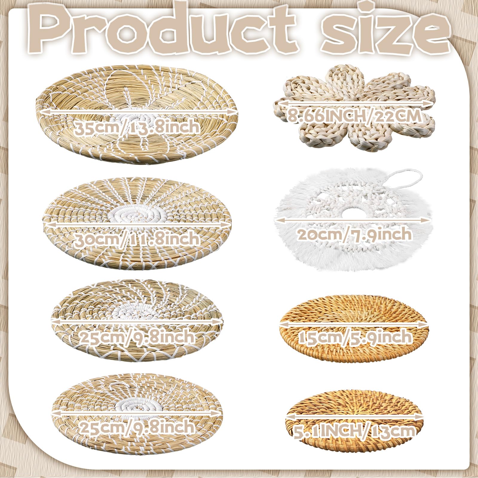 Xuhal 11 Pcs Boho Hanging Wall Basket Decor Handmade Woven Basket Wall Decorative Boho Wicker Baskets Placemats Round Farmhouse