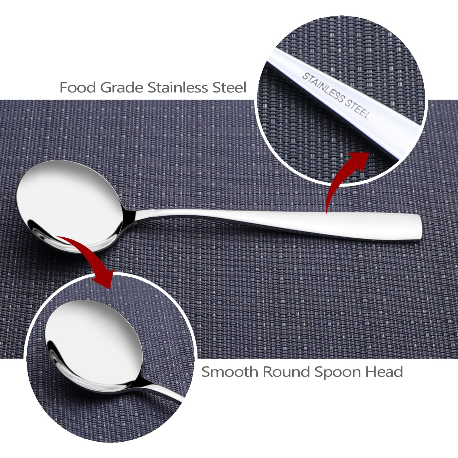 Anbers Stainless Steel Round Soup Spoons, 12 Pieces Round Bouillon Spoon