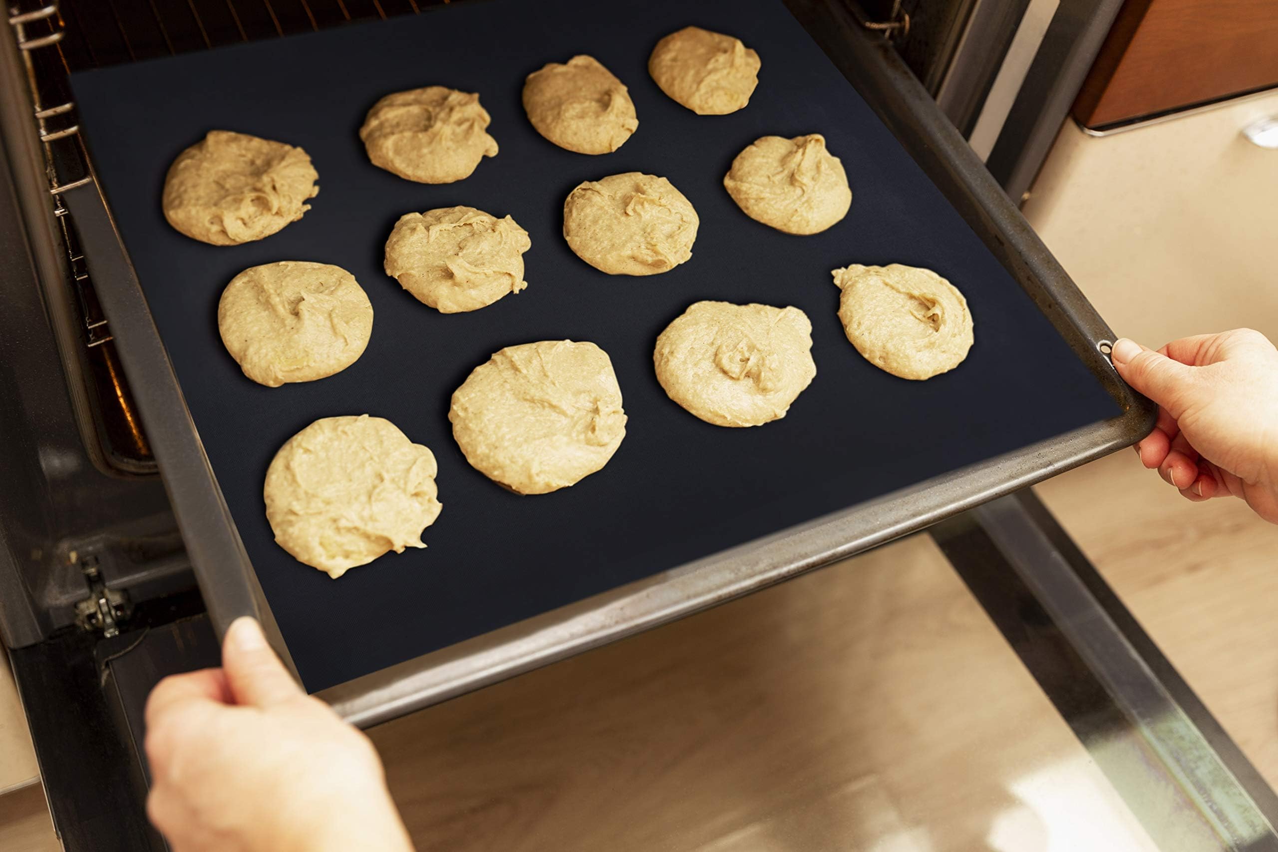 EMAANIA Non-Stick Oven Liners - Heavy Duty 16.5"x23" Mats, BPA & PFOA Free, Black, Reusable, Pack of 4