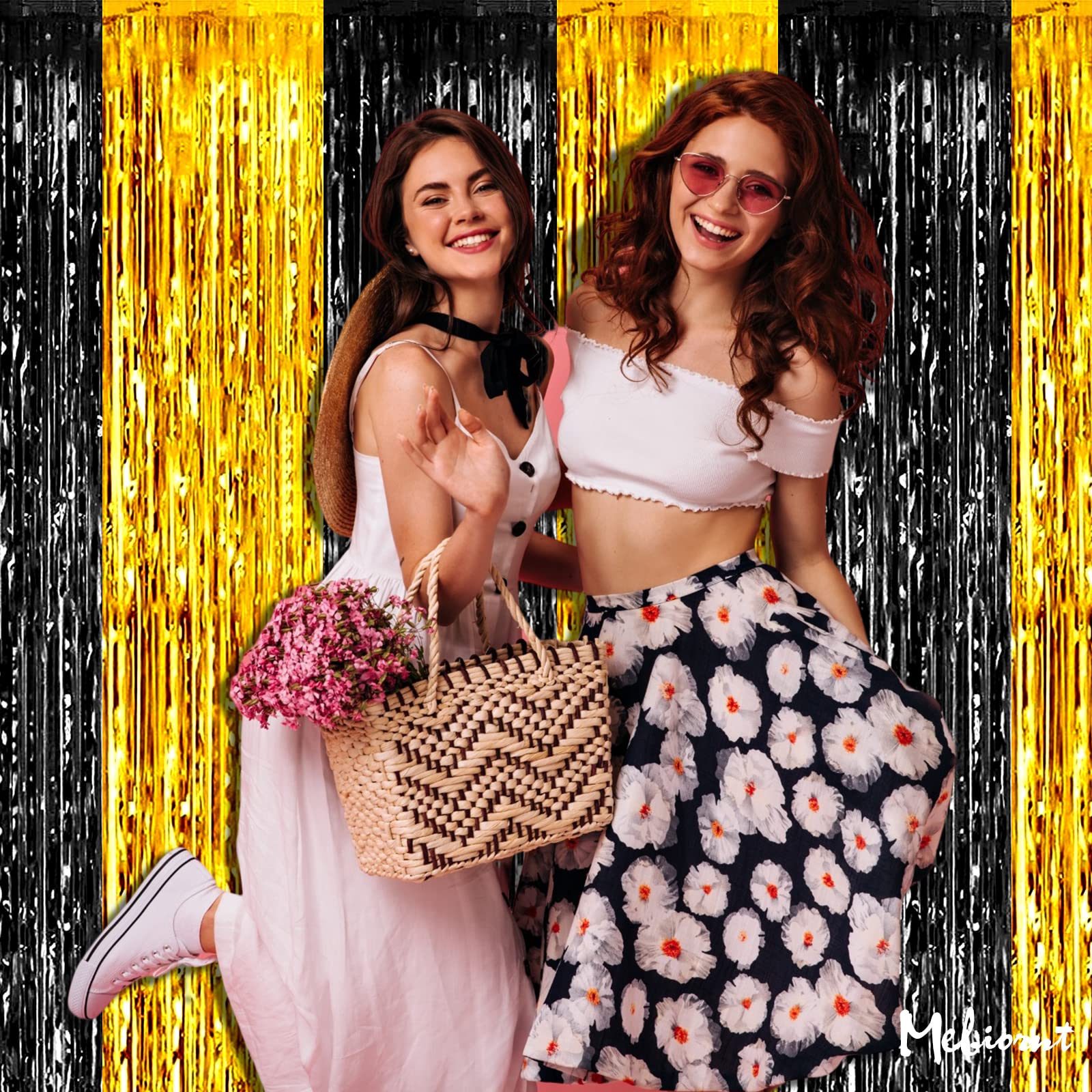 4 Pack 3.2Ft X 9.8Ft Black And Gold Fringe Curtain Backdrop, Metallic Tinsel Foil Fringe Streamers Curtains Background For Photo