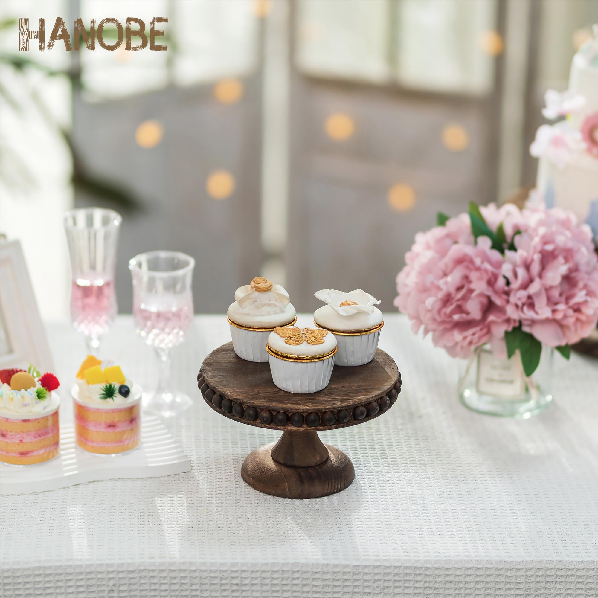 Hanobe Small Wood Cake Stand: Cupcake Pedestal Stand 8 Inch Dessert Display Riser Distressed Rustic Round Cakes Holder Tray Vint