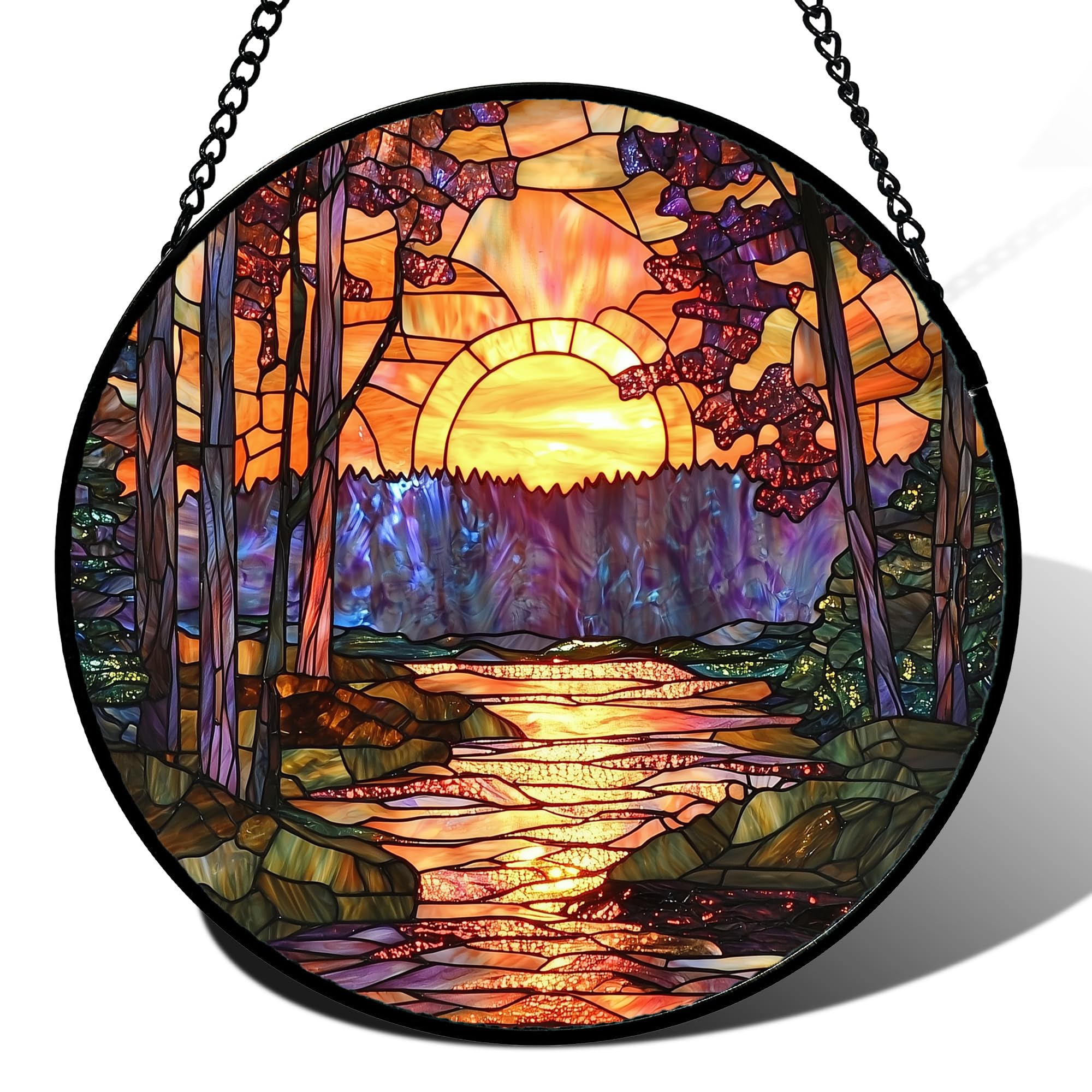 JOSUMALY Stained Glass Window Hanging, Orange Landscape Green Purple Lake Forest Suncatcher for Doors Window Home Sun Catchers D