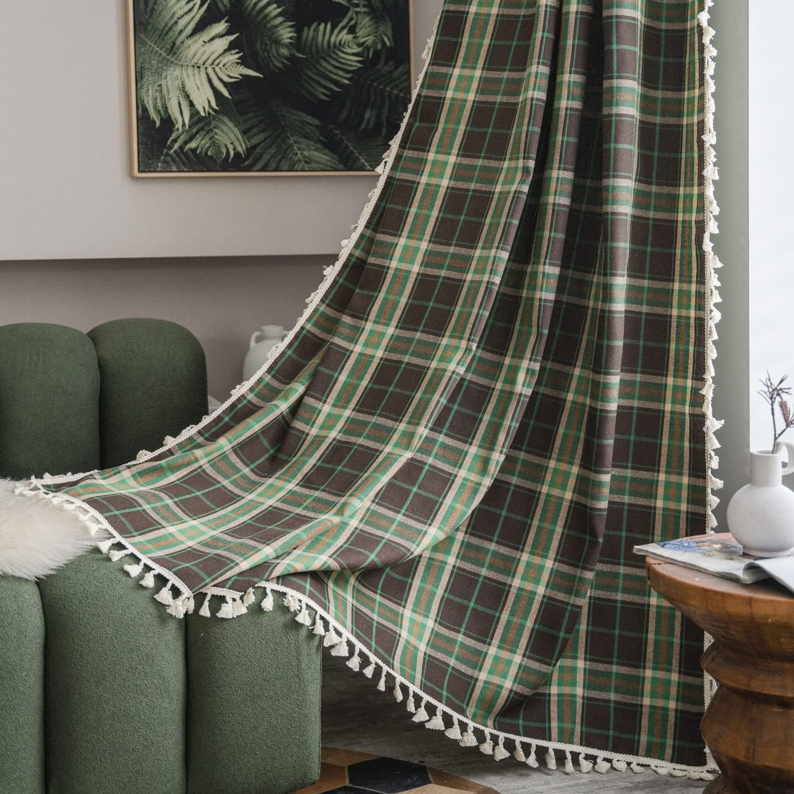 Sutuo Home Boho Curtains for Kitchen Nursery, Christmas Vintage Plaid Curtains Light Filtering rustic Farmhouse Tassels Bohemian