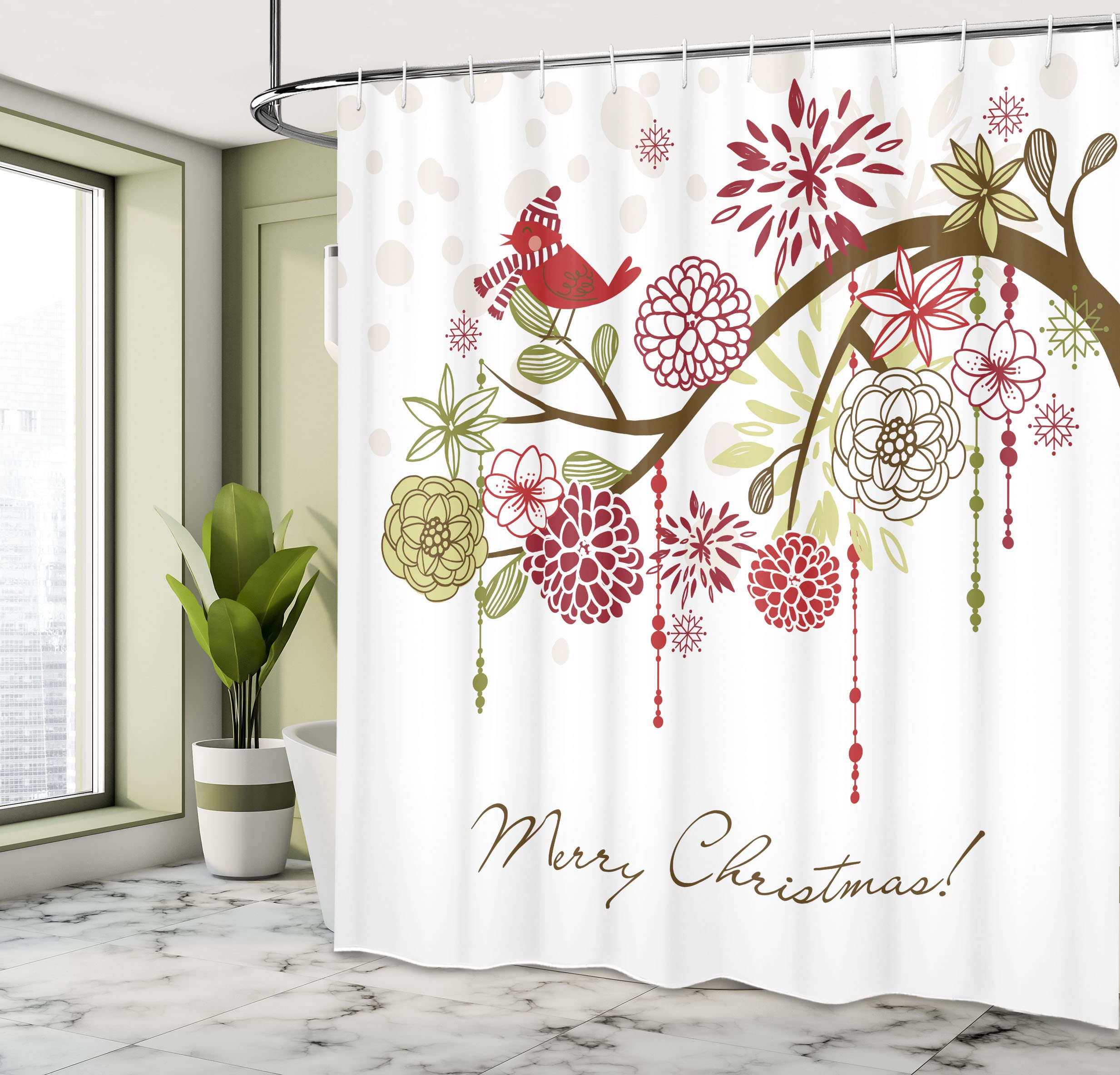 Ambesonne Christmas Shower Curtain, Floral Winter Red Bird Hat And Scarf On Blooming Tree Nature Inspired, Cloth Fabric Bathroom
