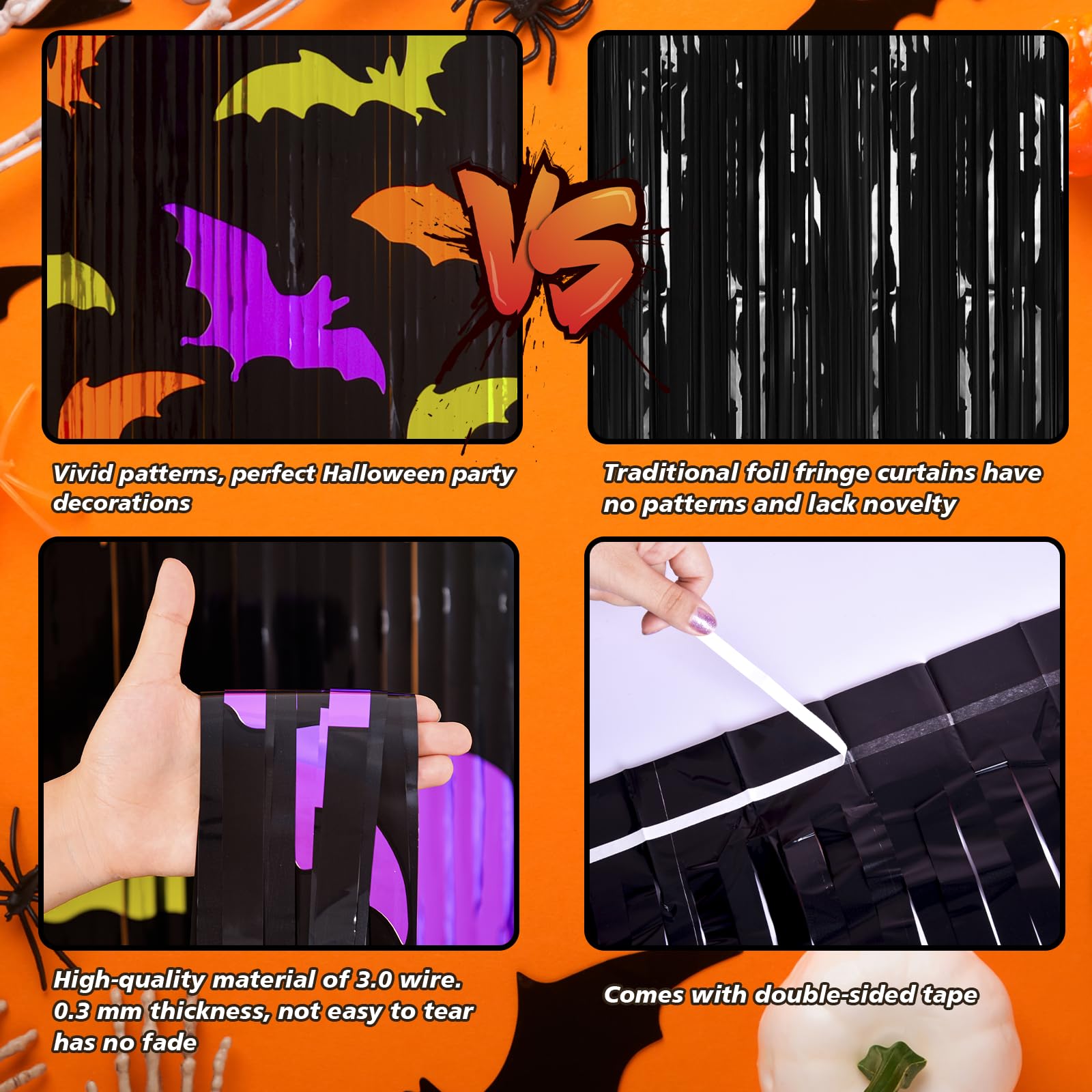 Mega-L Halloween Party Decorations 2 Pack Green Orange Purple Bat Pattern Photo Booth Props, 3.3 X 6.6 Ft Metallic Foil Fringe C