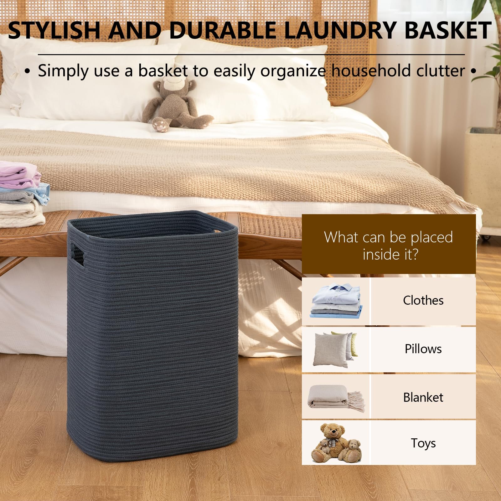 Oiahomy Laundry Hamper, Rectangle Cotton Laundry Basket With Handles, Large Blanket Basket For Living Room, Woven Decorative Sto
