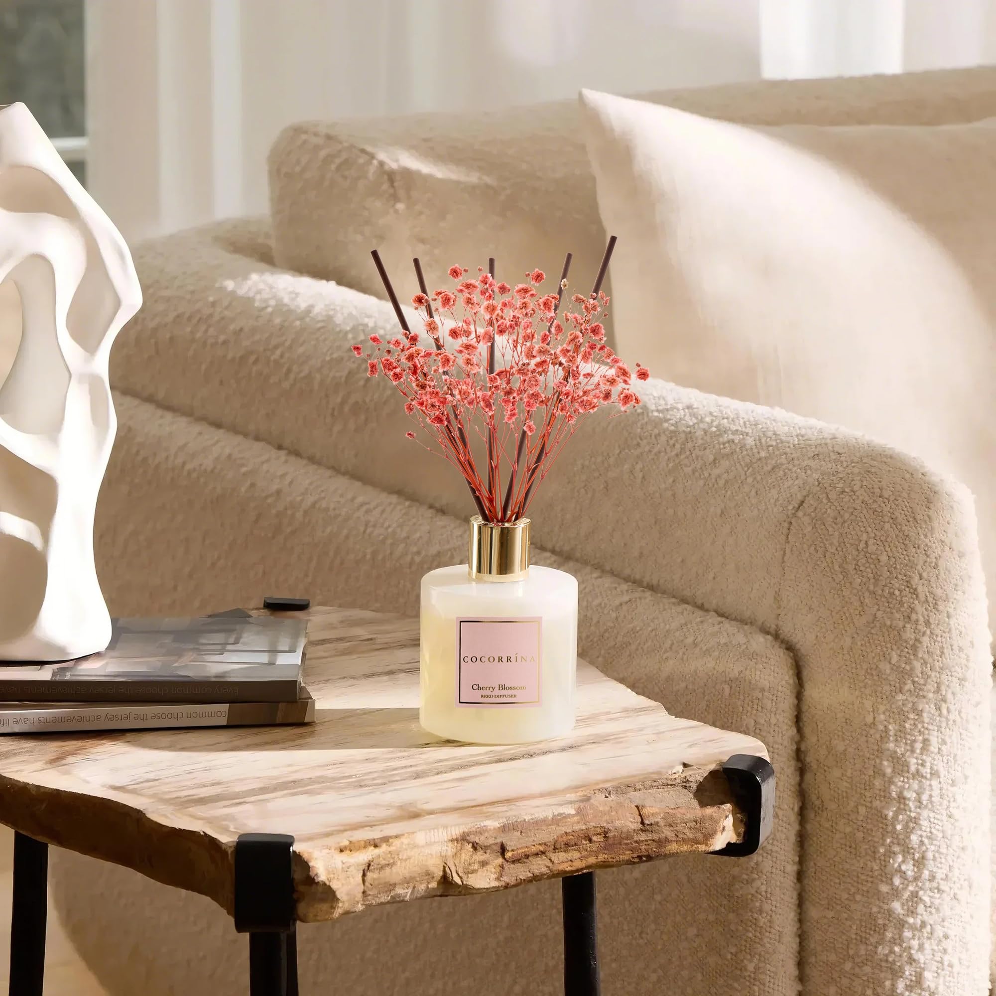 COCORR  NA Reed Diffuser - Cherry Blossom 6.7 Fl.oz Reed Diffuser Set with Sticks & Preserved Babys Breath, Reed Diffuser for H