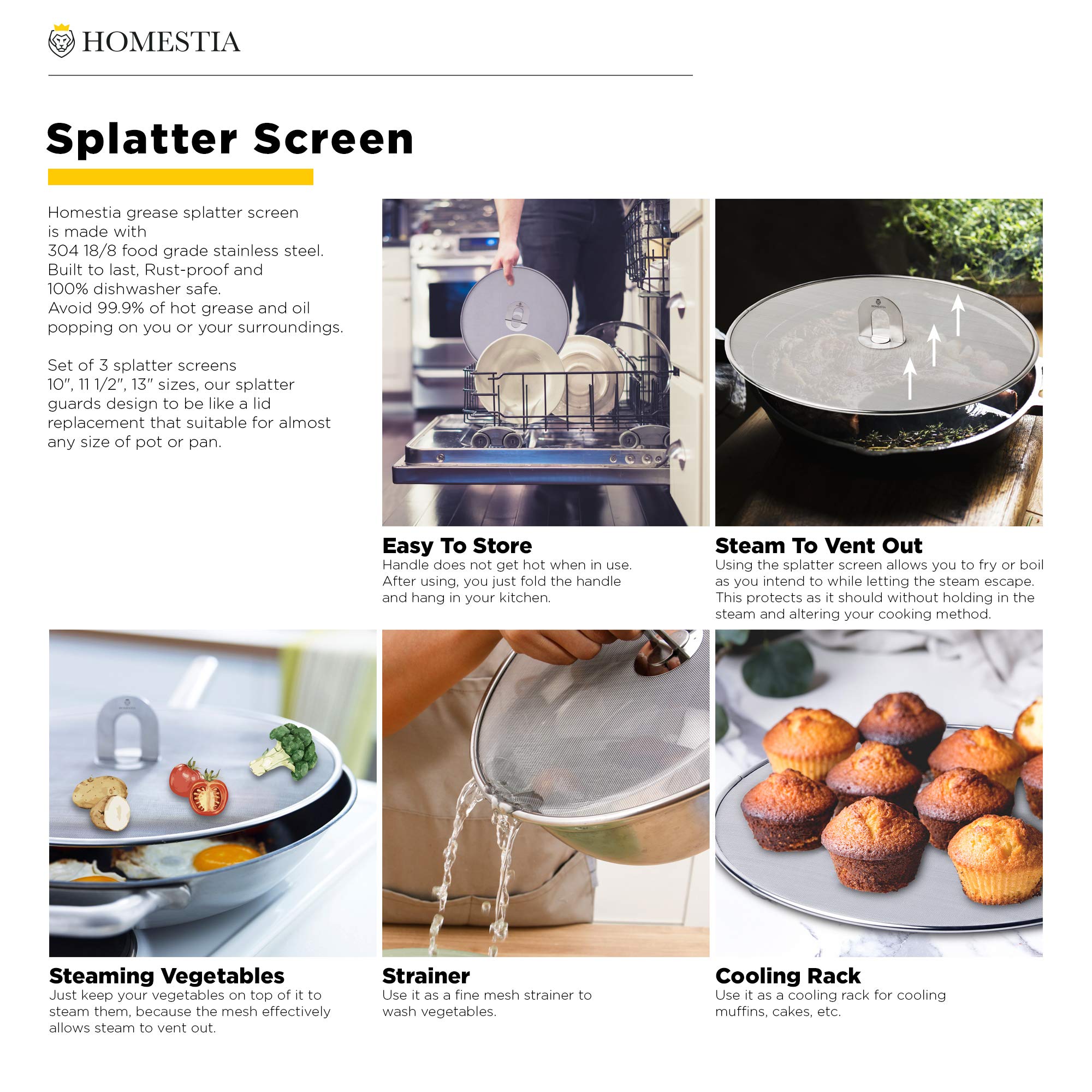 Homestia Grease Splatter Screen For Frying Pan Available In 10''/11.5''/13'' With Fold Flat Knob Fine Mesh Guard Shield And Catc