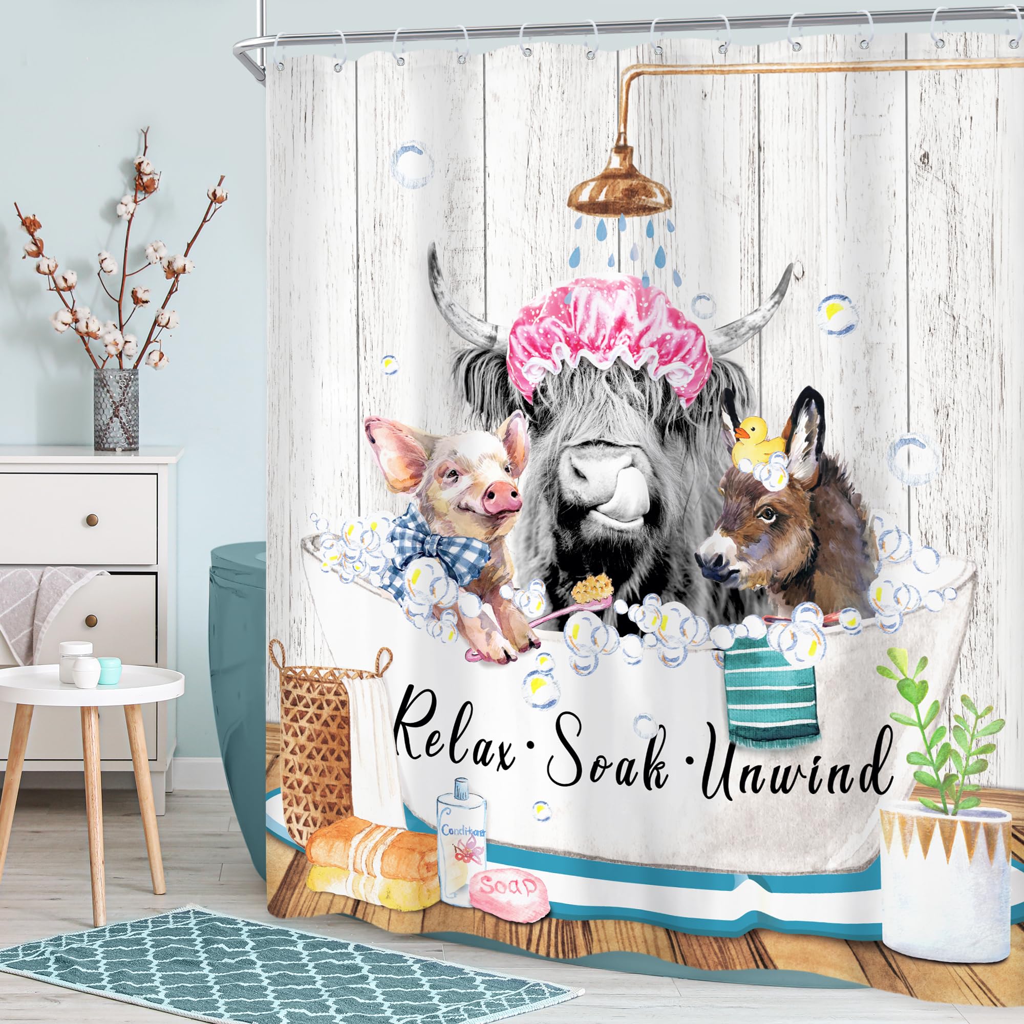 Newsely Funny Highland Cow Shower Curtain 60Wx72H Inch Bull Western Cattle Donkey Pig In Bathtub Rustic Shower Curtain Bathroom