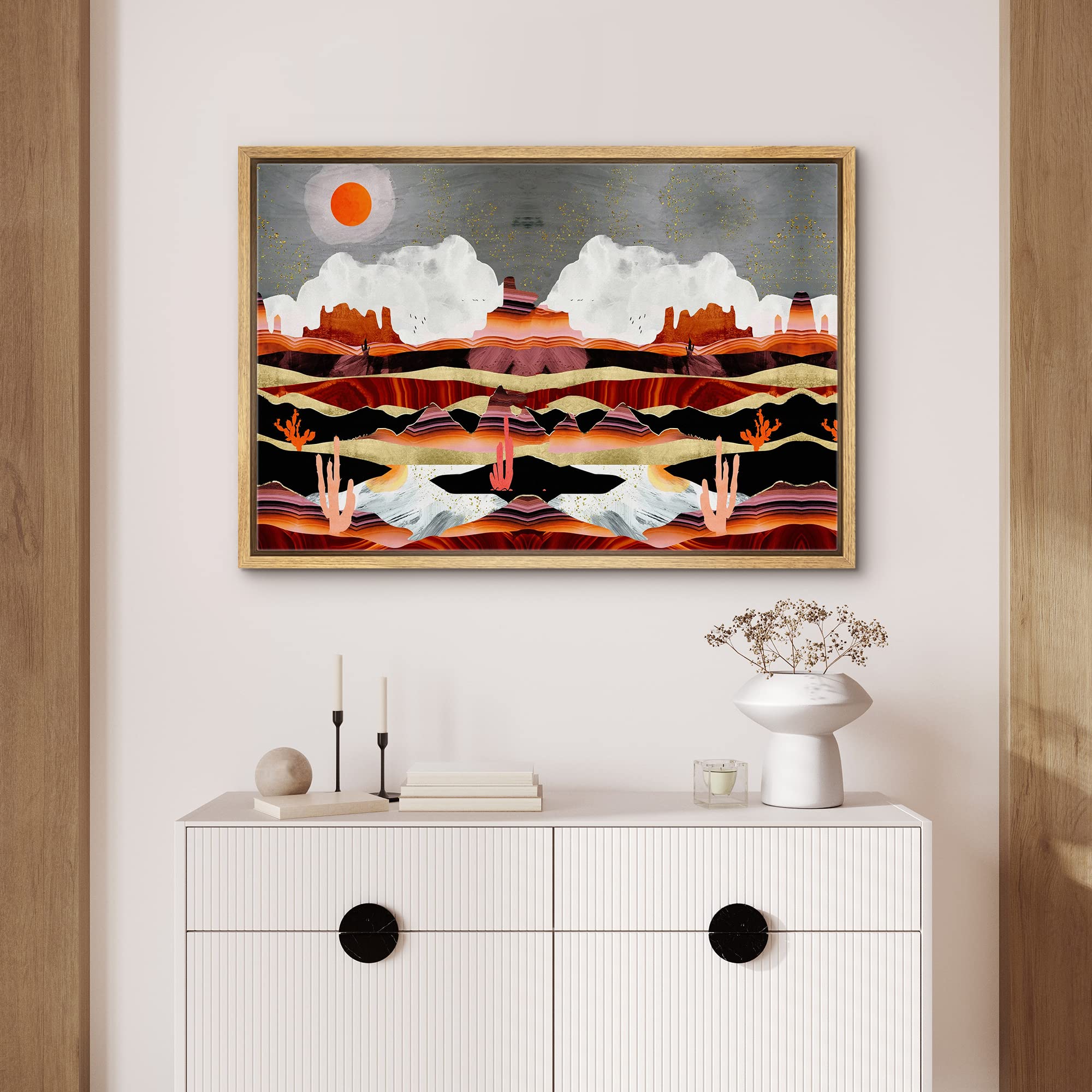 Signford Framed Canvas Print Wall Art Red Marble Effect Desert Canyon Abstract Wilderness Illustrations Modern Art Rustic Scenic