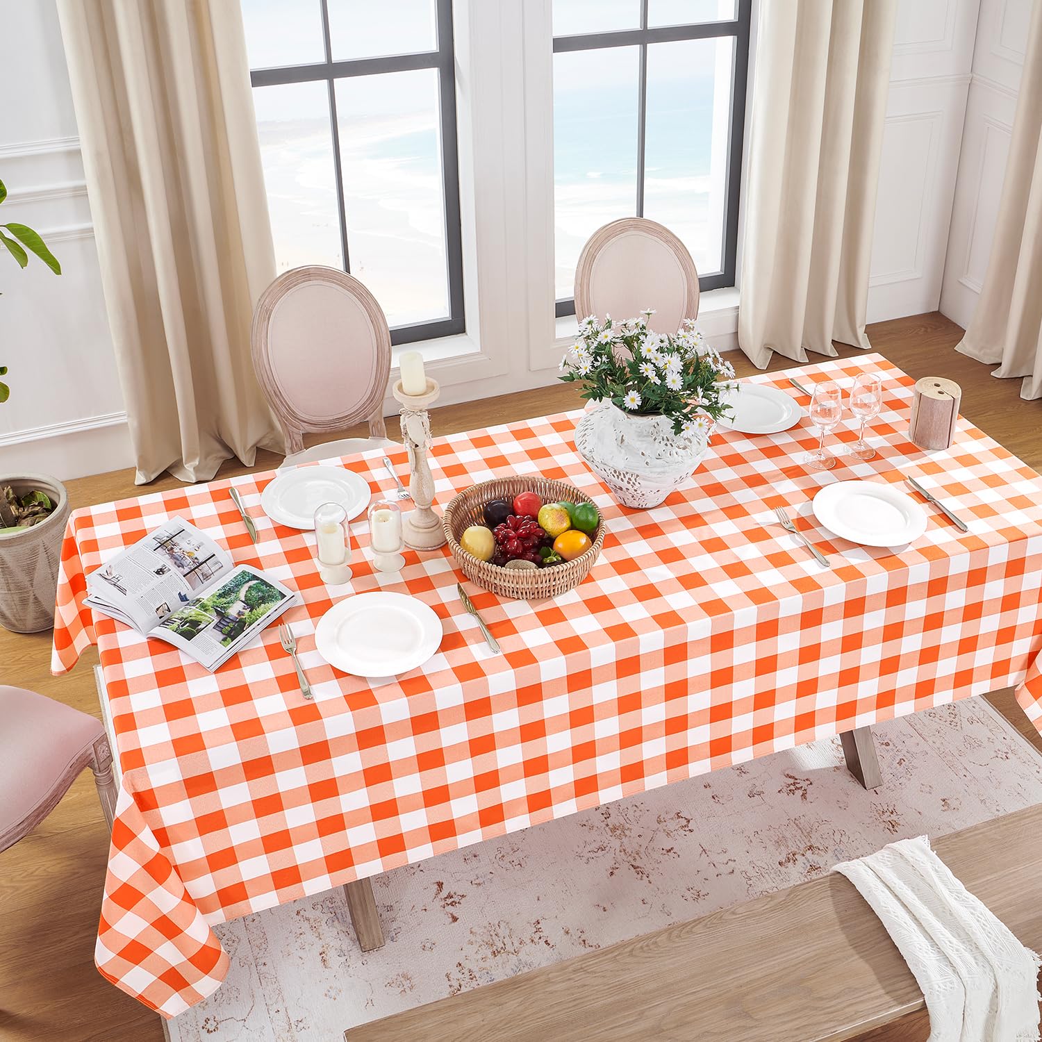 Softalker Halloween Checkered Rectangle Tablecloth - Waterproof Buffalo Plaid Table Cloth Stain Resistant Washable Polyester Table Cover for Holiday/Dining/Party - Orange and White  54 x 108 Inch