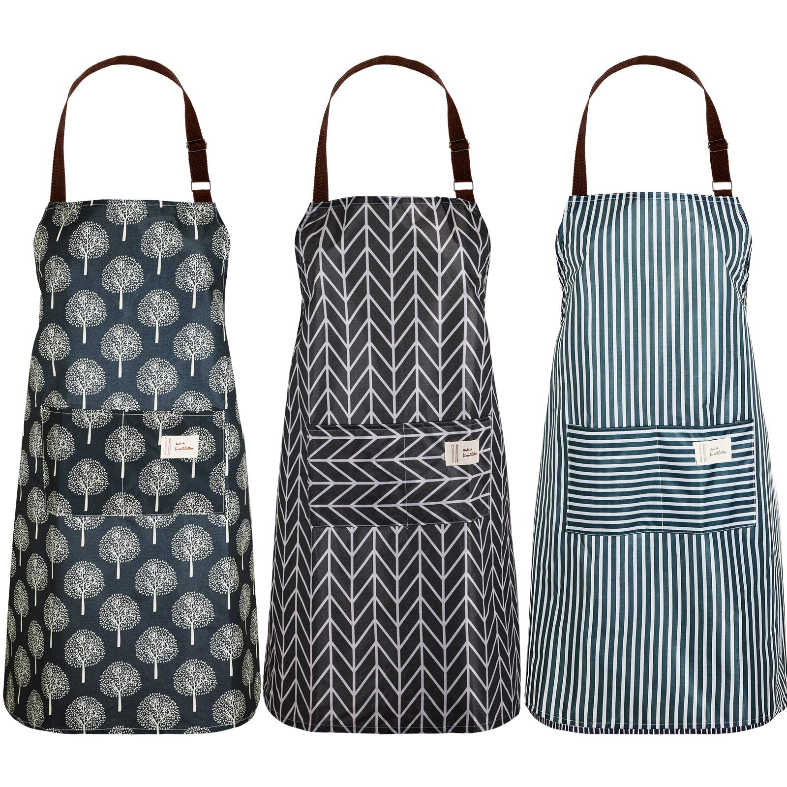 SATINIOR 3 Pieces Waterproof Bib Apron with Pockets Adjustable Cooking Aprons for Women Chef Adults Baking Cleaning(Black and Gr