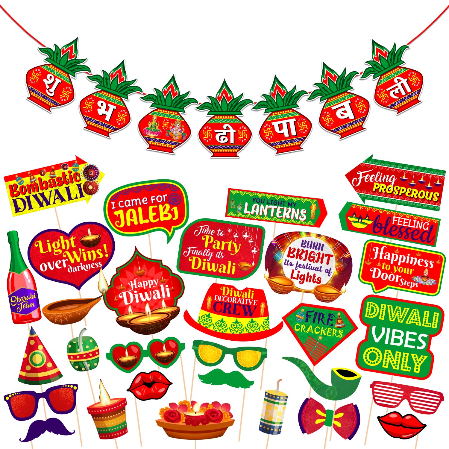 ZYOZIQUE 31 Pieces Happy Diwali Photo Booth Props and Paper Banner Kit Festival of Ligts Prop for Photoshoot Diwali Party Pictur