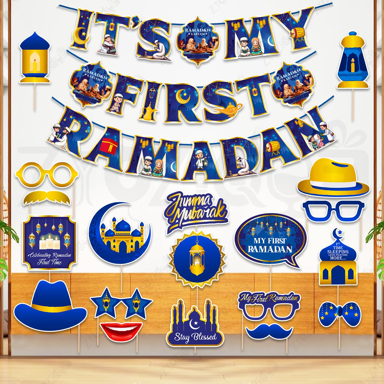 Zyozique My First Ramadan Decorations Set, Blue & Yellow Theme, Paper Banner with Photo Booth Props, Jumma Mubarak Party Supplie