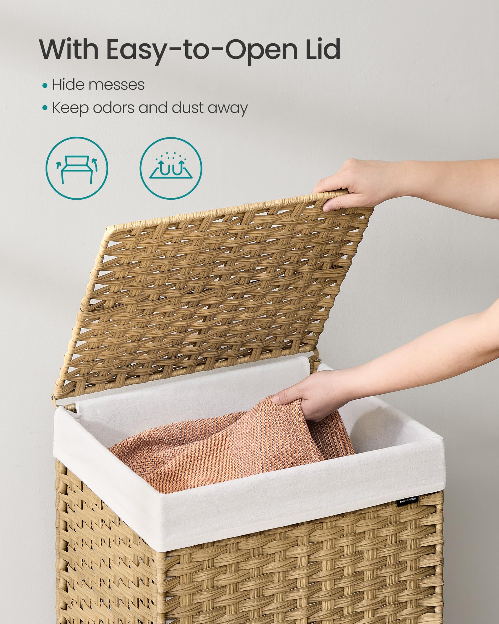 Songmics Laundry Hamper With Lid, 31.7 Gallons (120 L), Rolling Laundry Basket With Wheels, Synthetic Rattan, Removable Liner, B