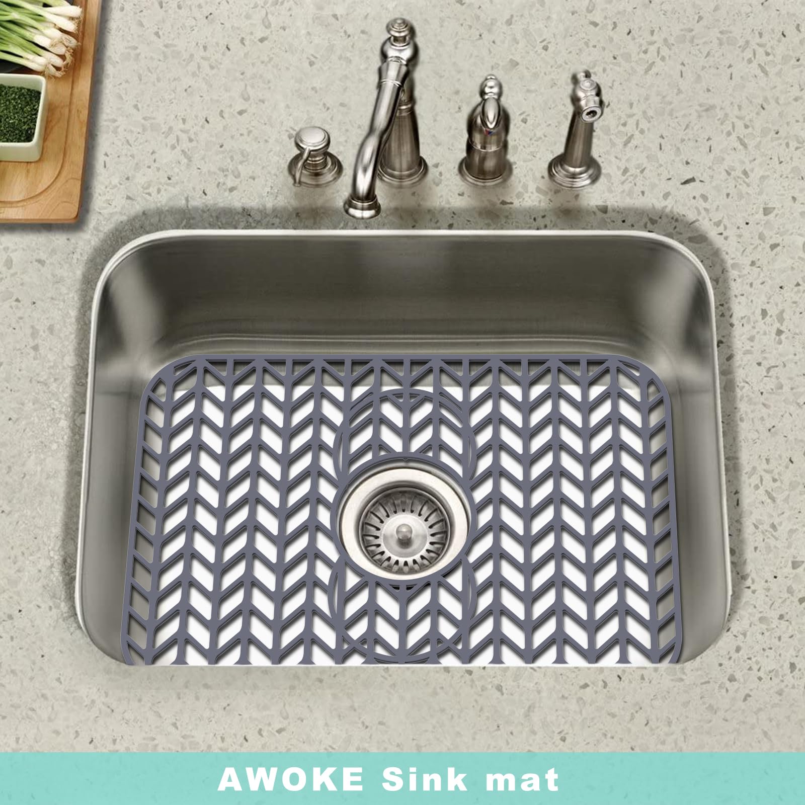 AWOKE Sink Protectors for Kitchen Sink - 19''x 13'' Sink Mat - Heat resistant Easy-clean Silicone Sink Mat - for Protection of Stainless Steel Sink - with 3 Reserved Holes (Grey)