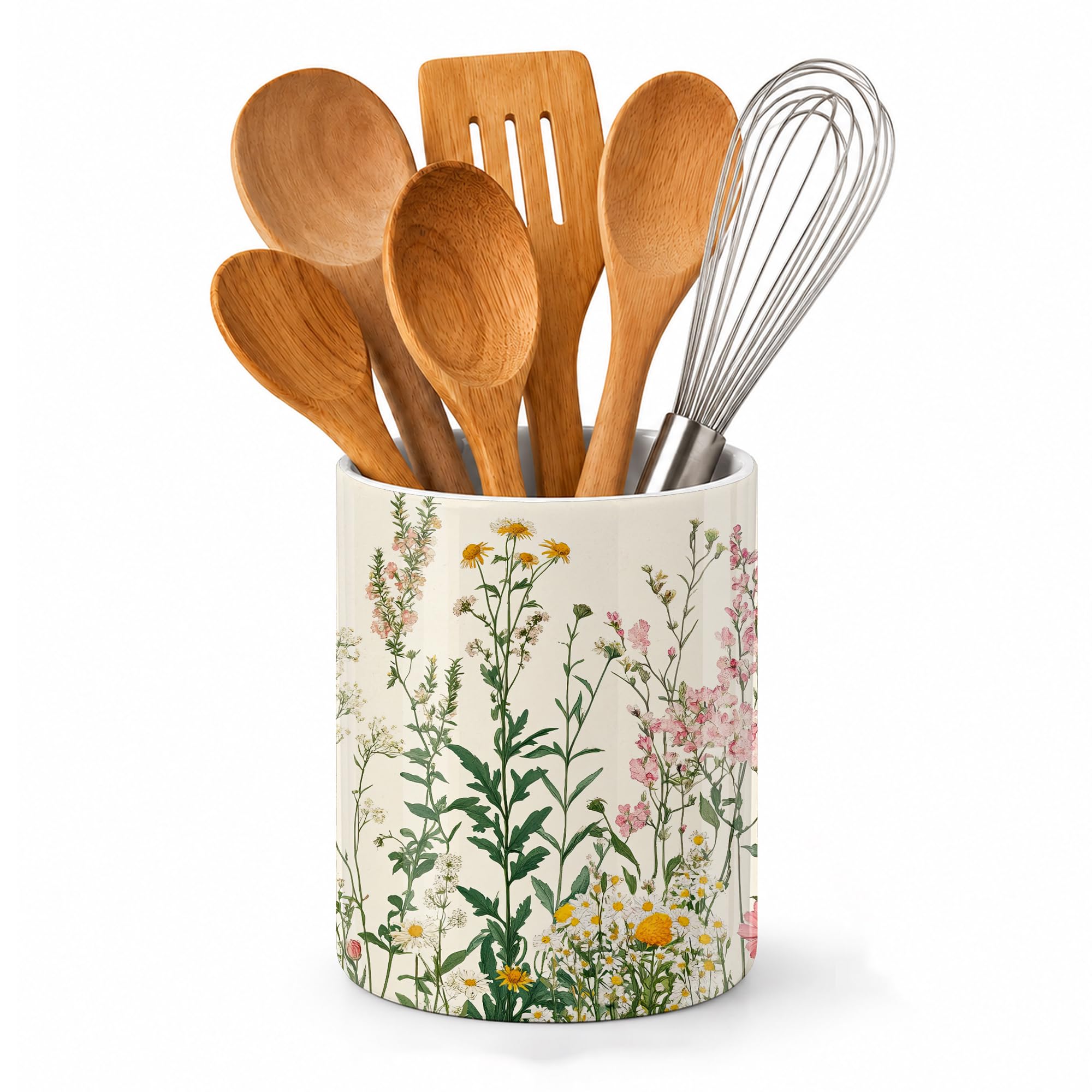 Axxitude Wildflowers Kitchen Utensil Holder,Vintage Herb Flower Large Ceramic Utensil Crock for Countertop,Cooking Utensil Organ