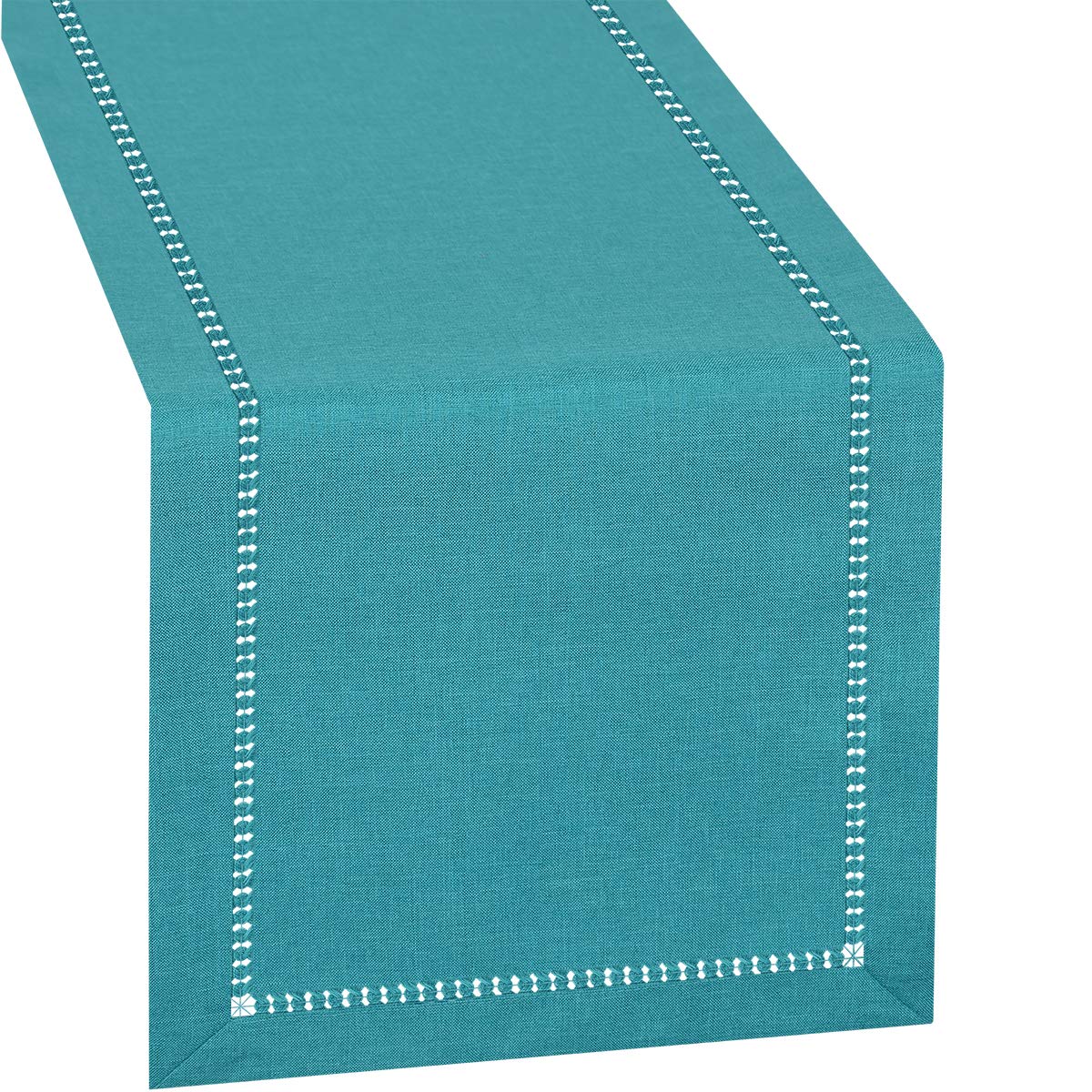 Grelucgo Small Handmade Hemstitch Teal Table Runner Dresser Scarf, Rectangular 14 by 36 Inch