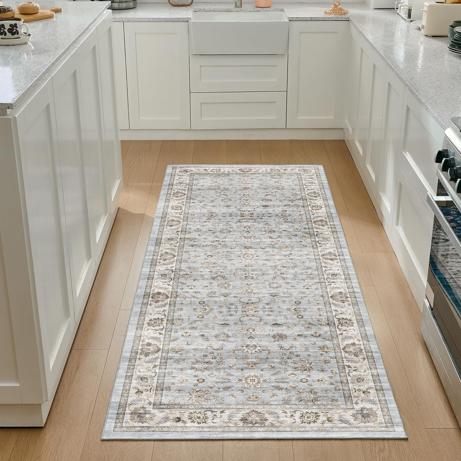 WITSHOCK 3x8 Runner Rugs for Hallway, Machine Washable Non Slip Kitchen Runner - Low Pile Lightweight Vintage Runner Rugs for Be