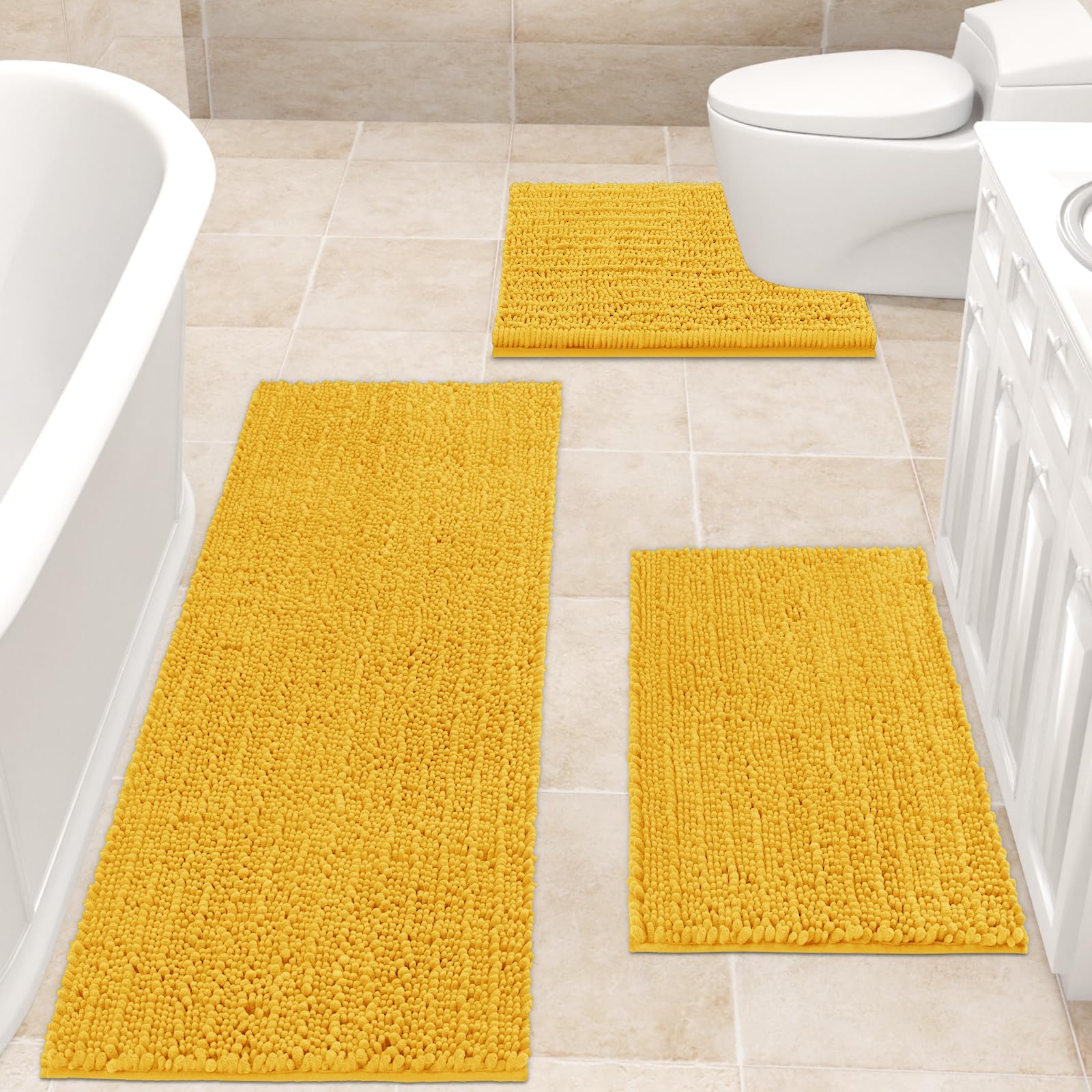 Accumtek Upgrade Extra Large Gold Bathroom Rug Set 3 Pieces Ultra Soft, Thick Absorbent Bath Mats, Non Slip Chenille Toilet Mat