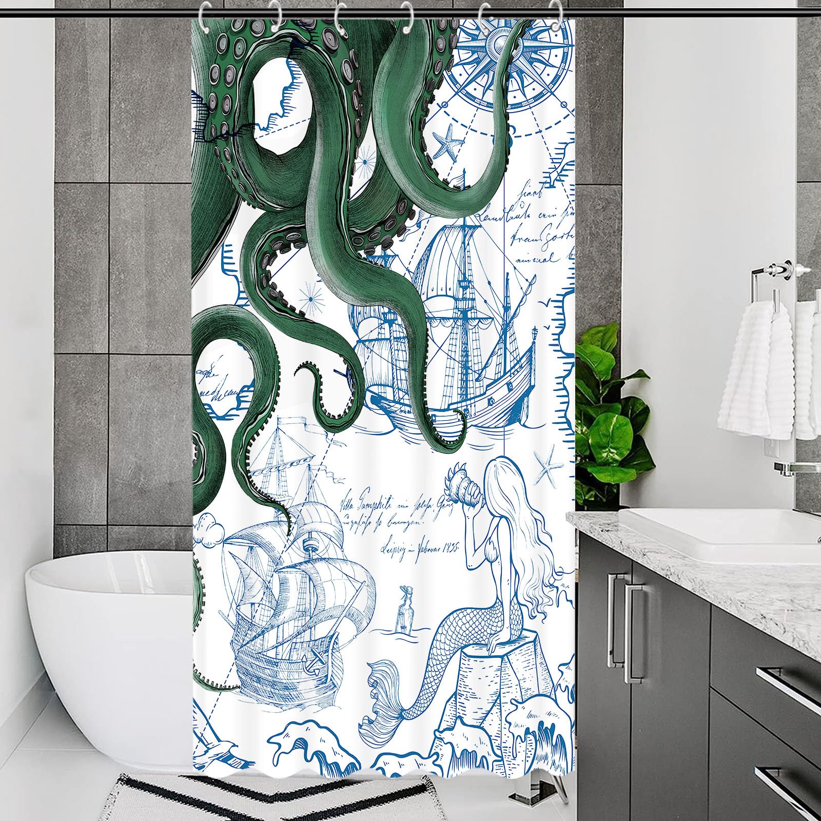 Fungarth Stall Green Nautical Octopus Shower Curtain Navy Blue Mermaid Funny Ocean Kraken Shower Curtains For Bathroom Cool Anch