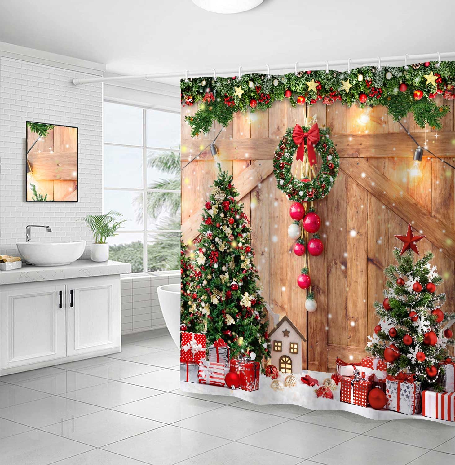 Hjokiupt Farmhouse Christmas Shower Curtain, Winter Xmas Tree Home Decor Wooden Barn Door Fabric Shower Curtains For Bathroom, C