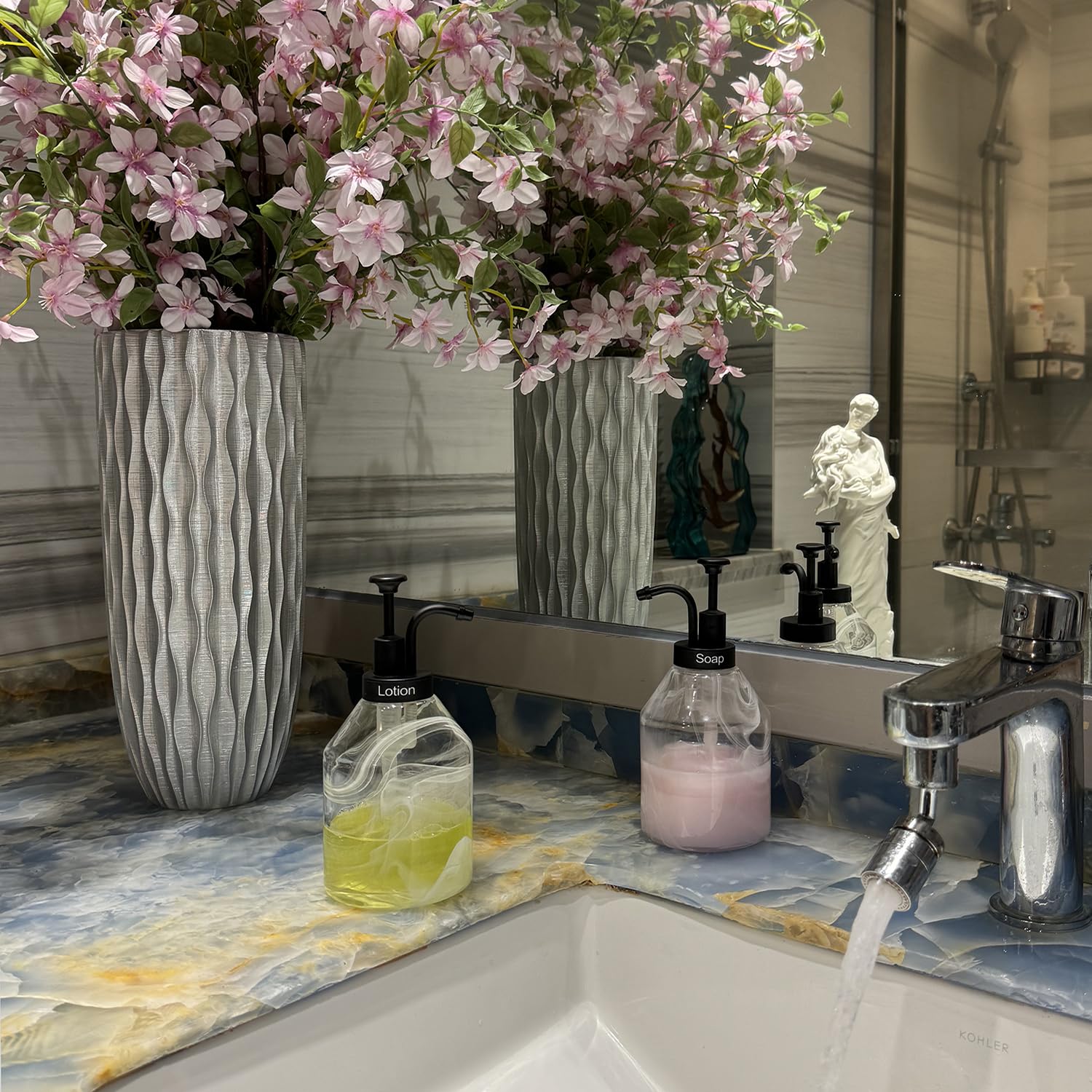 Suanti Bathroom Glass Soap Dispenser Set, 2 Pcs 375Ml/12.7 Oz Unique 3D Cloud Pattern Thick Glass Soap Bottle With Smooth Action