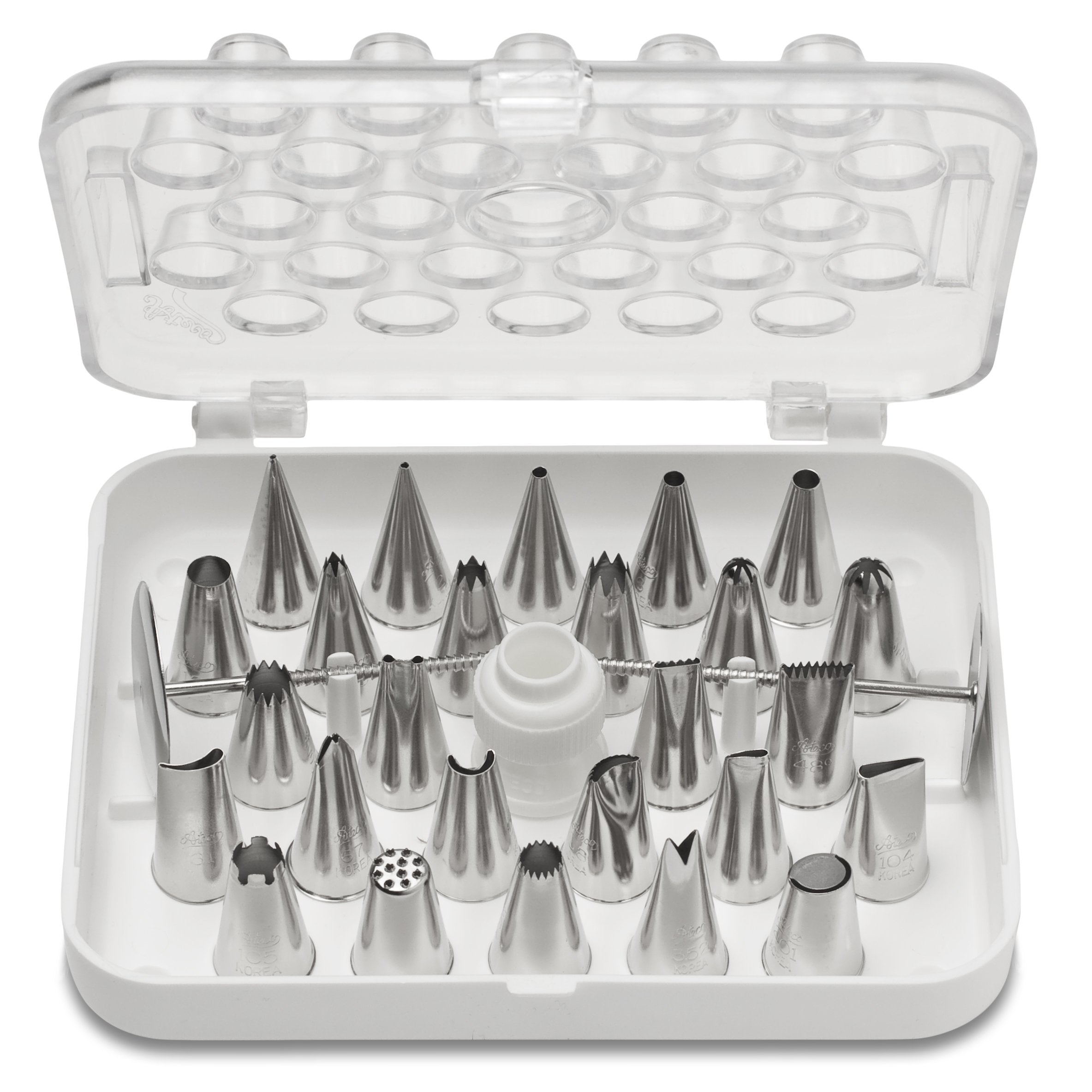 Ateco 29 Piece Cake Decorating Set, Includes 26 Stainless Steel Tubes, 1 Standard Coupler, 2 Flower Nails In Hinged Storage Box
