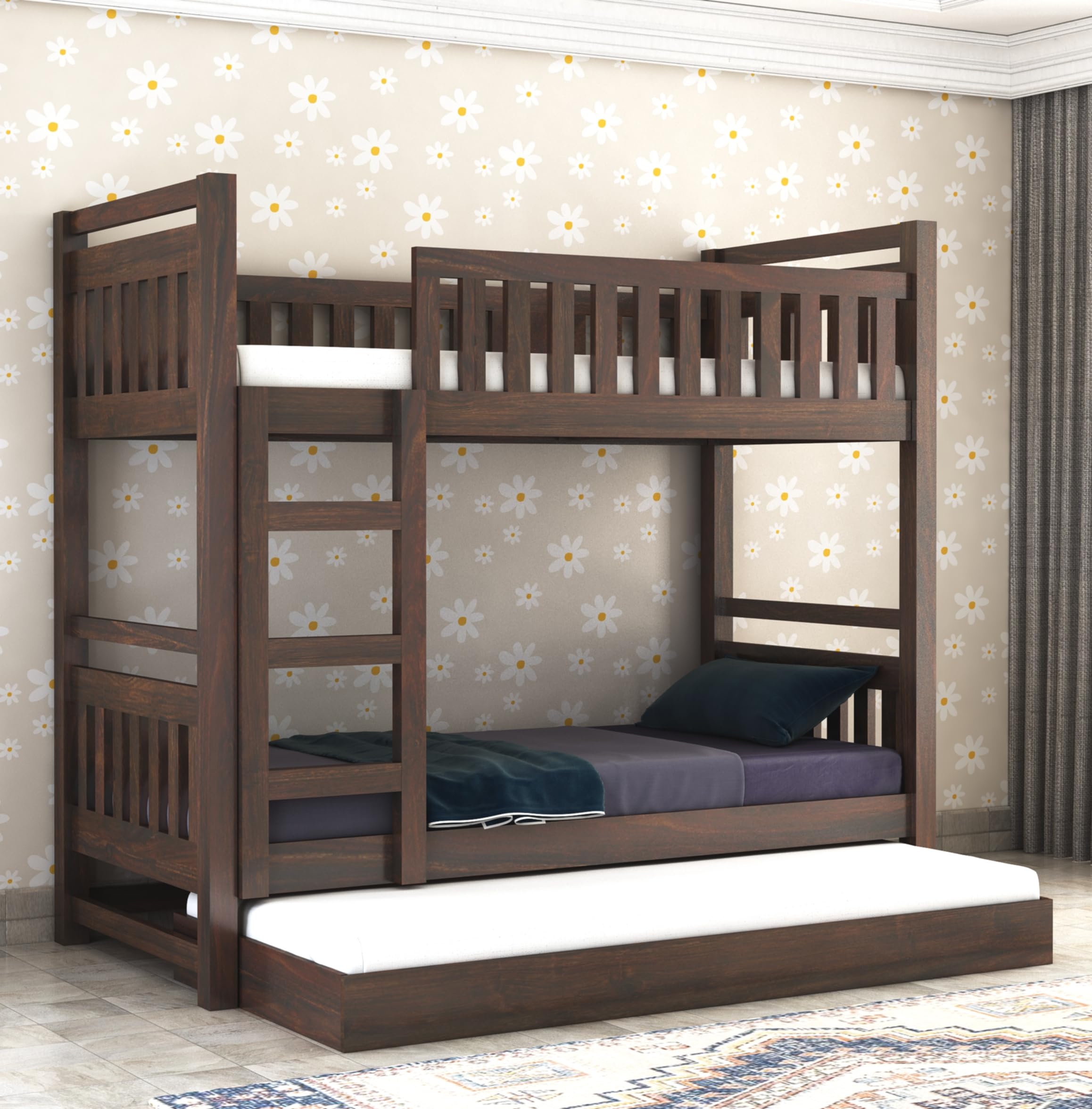 Strata Furniture Solid Sheesham Wood Bunk Bed With Trundle Wooden Bunk Bed With Ladder For Bedroom Living Room Home (Walnut Fini