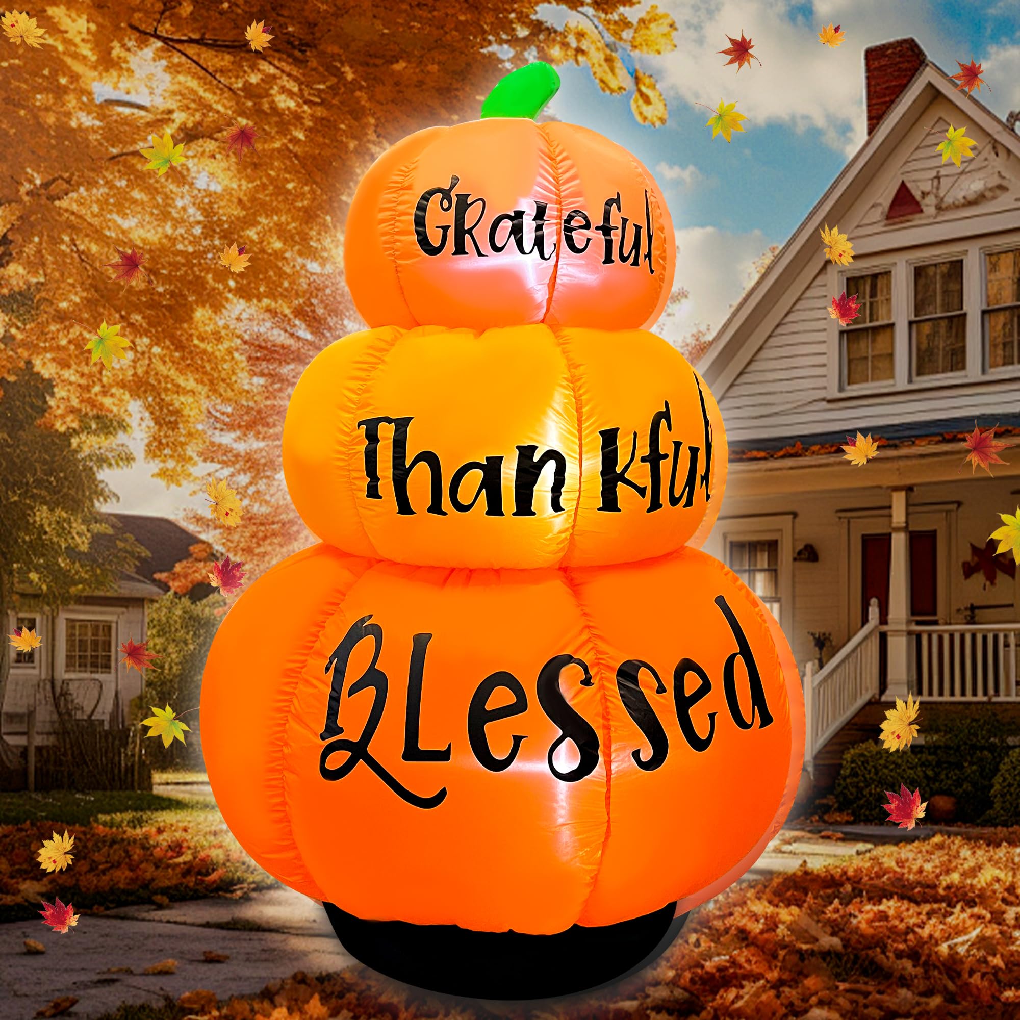 JOYEASE Thanksgiving Inflatables,6FT Stacked Pumpkins Decoration Built-in LEDs Fall Blow up Grateful Thankful Blessed Thanksgivi