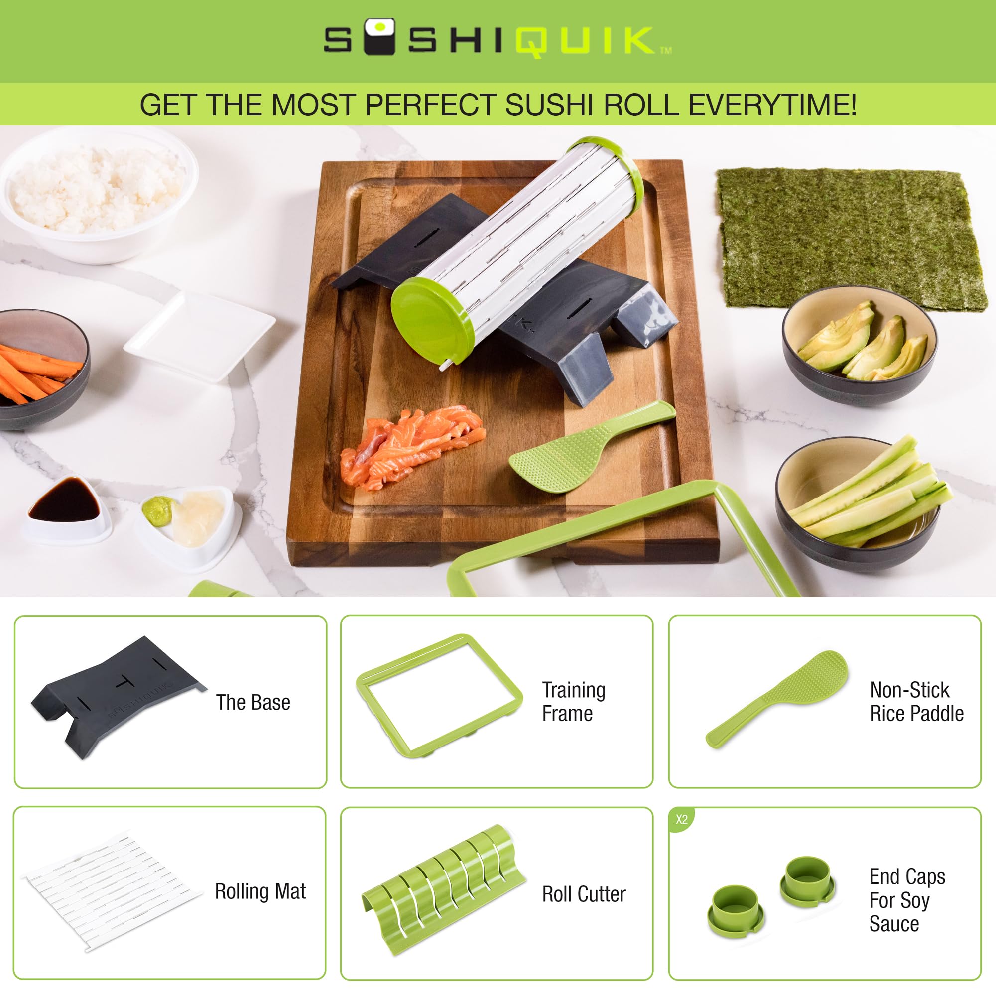 Sushiquik Sushi Making Kit With Rice Spreading Training Frame, Rice Paddle, Rolling Mat, Roll Cutter, Base, And Soy Sauce Caps -