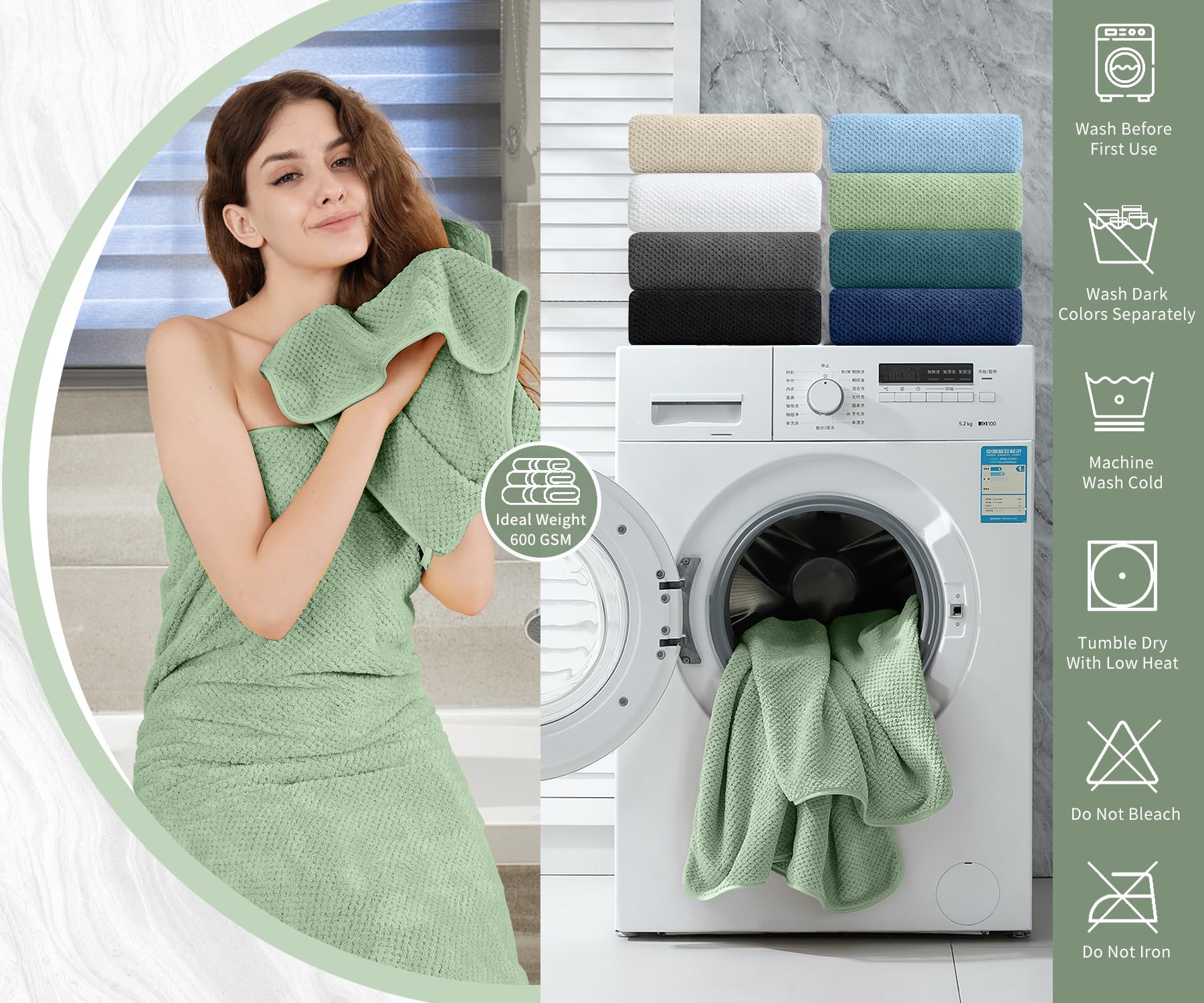 Bathroom Towel Set Green 4 Pack-35x70 Towel 600GSM Ultra Soft Microfibers Bath Towel Set Extra Large Plush Bath Sheet Towel Highly Absorbent Quick Dry Oversized Towels Spa Hotel Luxury Shower Towels